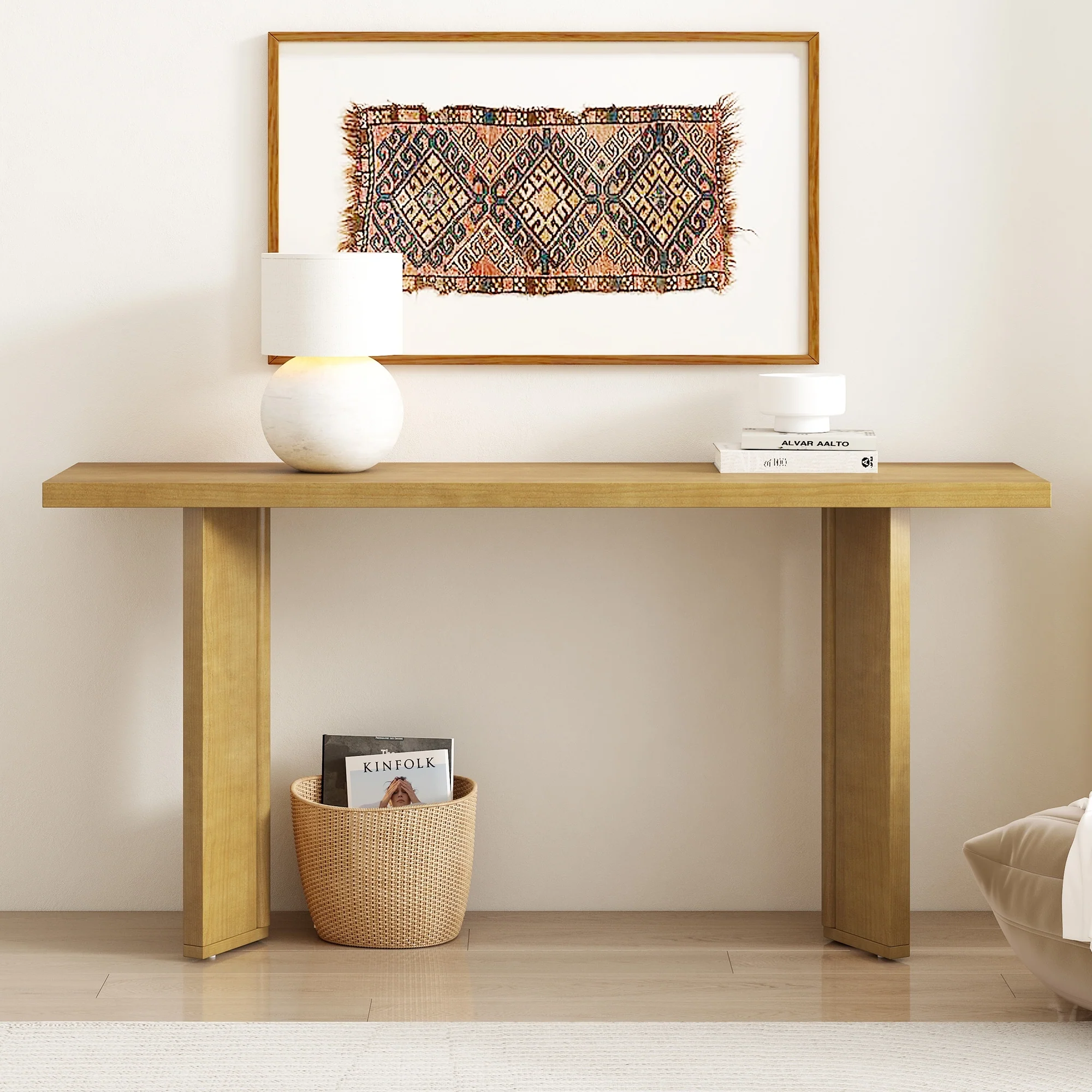 Stylish Console Table with Pine Veneer and Geometric Legs,Suitable for Living Room, Study and Dining Room