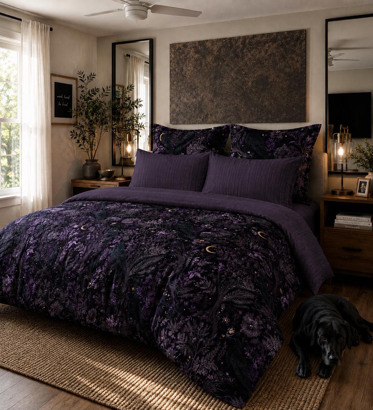 Gothic Raven Bedding Set, Dark Academia Comforter or Duvet Cover Set, Purple Bedding, Moody Bedroom Dorm Decor, Microluxe Blend - Reversible