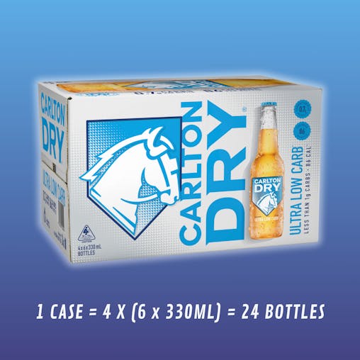 Carlton Dry, Ultra Low Carb & Full Strength Beer, Crisp & Refreshing Finish, Classic Australian Lager, 4.2% ABV, 330mL (Case of 24 Bottles)