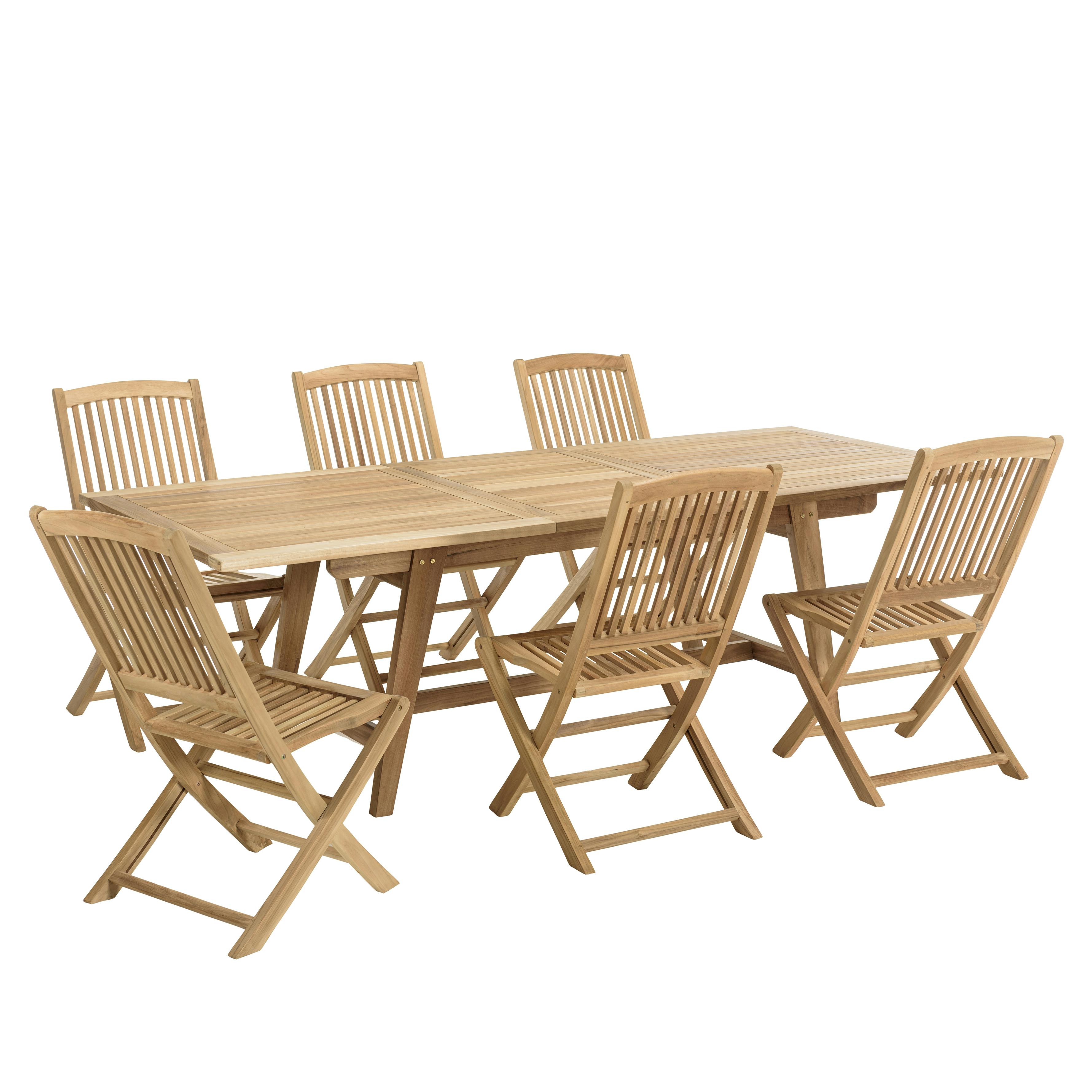 Salon de jardin teck brut table pieds tréteaux 180/240   6 chaises bord arrondi SUMMER