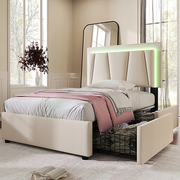 Lit Adulte 90x200 cm avec LED et Tiroirs - Lit Capitonné avec Tête Réglable et Rangement - en Lin Beige, Sans Matelas