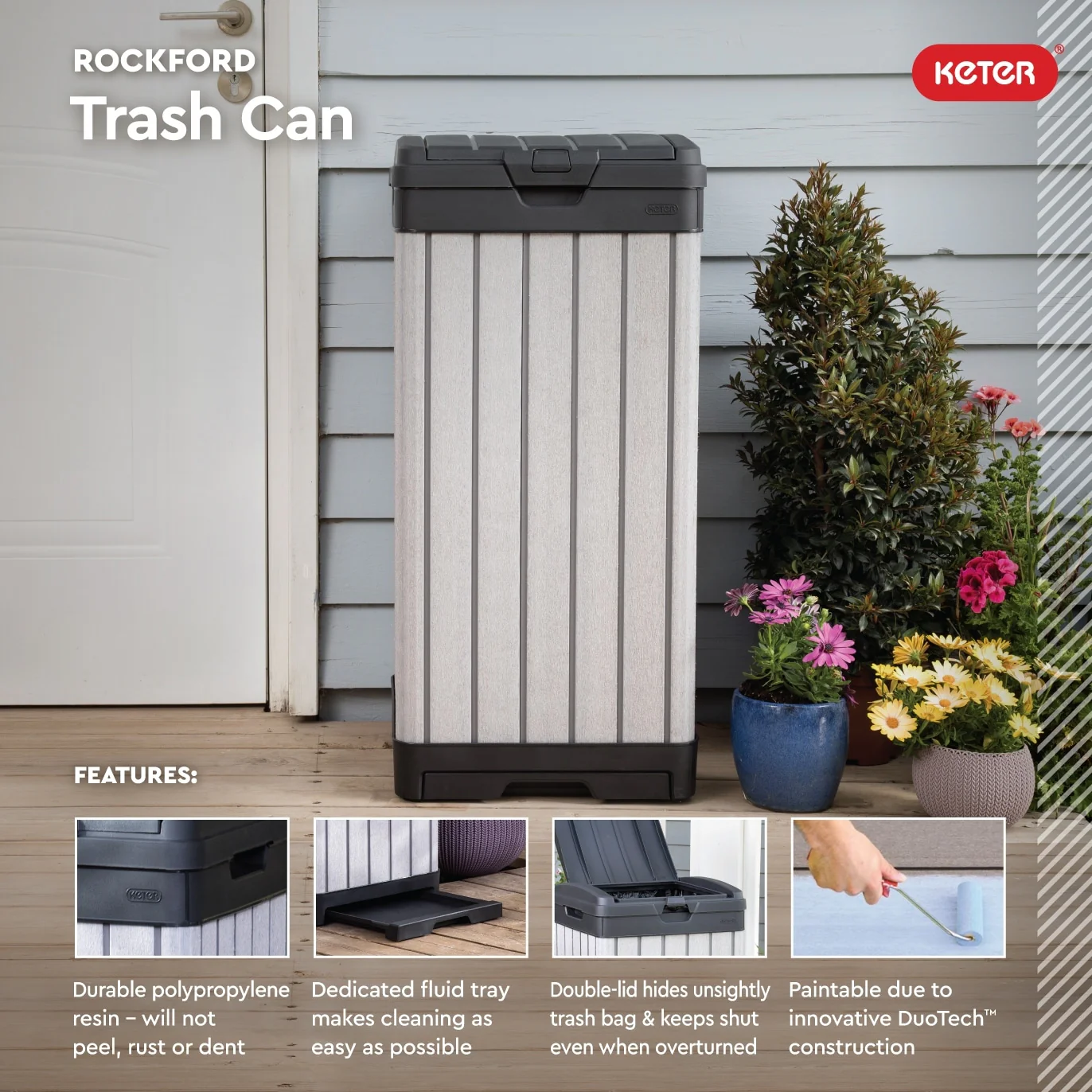 Keter Rockford 39 Gallon Durable Resin Outdoor Trash Can For Indoor and Outdoor with Secure Lid