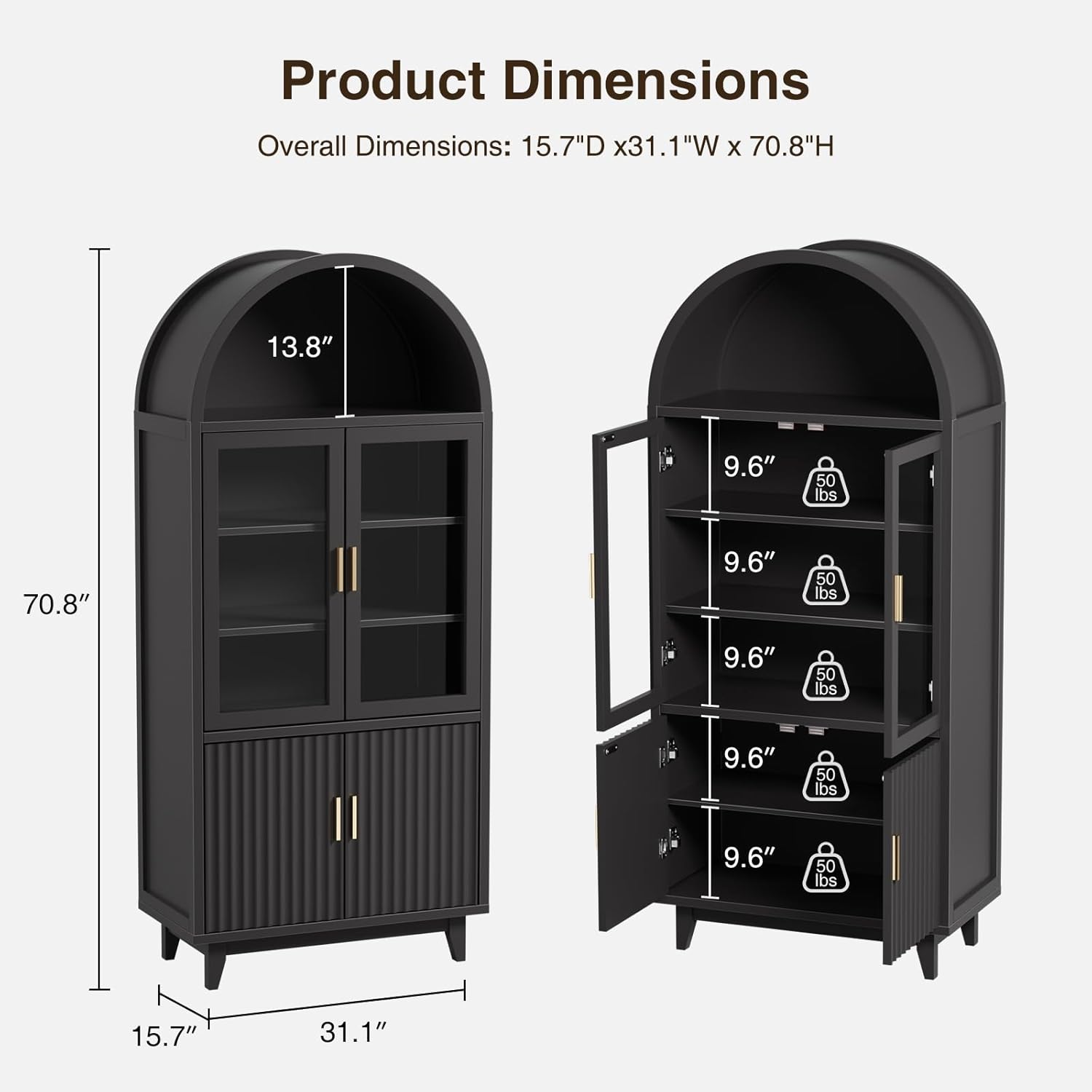 FiveWillowise Arched Cabinet with Glass Doors, Fluted Tall Pantry with Solid Wood Legs, 71 Modern Accent Cabinet for Living Room, Kitchen, Dining Room, Entryway, Black