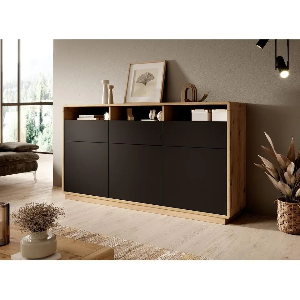 Meubella - Dressoir Acuna - Mat zwart - Eiken - 180 cm