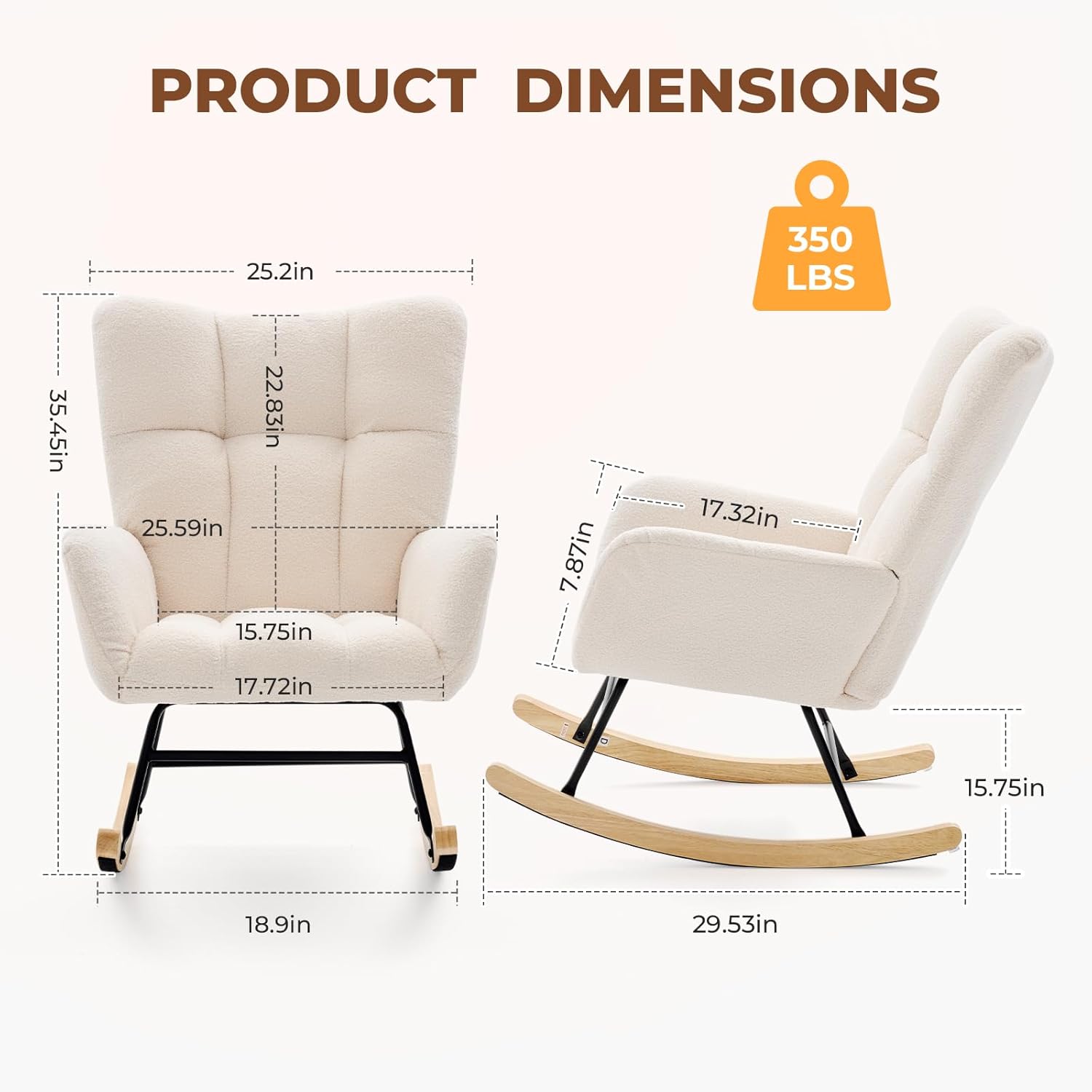 DUMOS Nursery Rocking Chair Teddy Upholstered, Comfy Glider Rocker with High Backrest Armchair Padded Seat, Accent Side Chair for Living Room Bedroom Offices Small Spaces Indoor, Beige