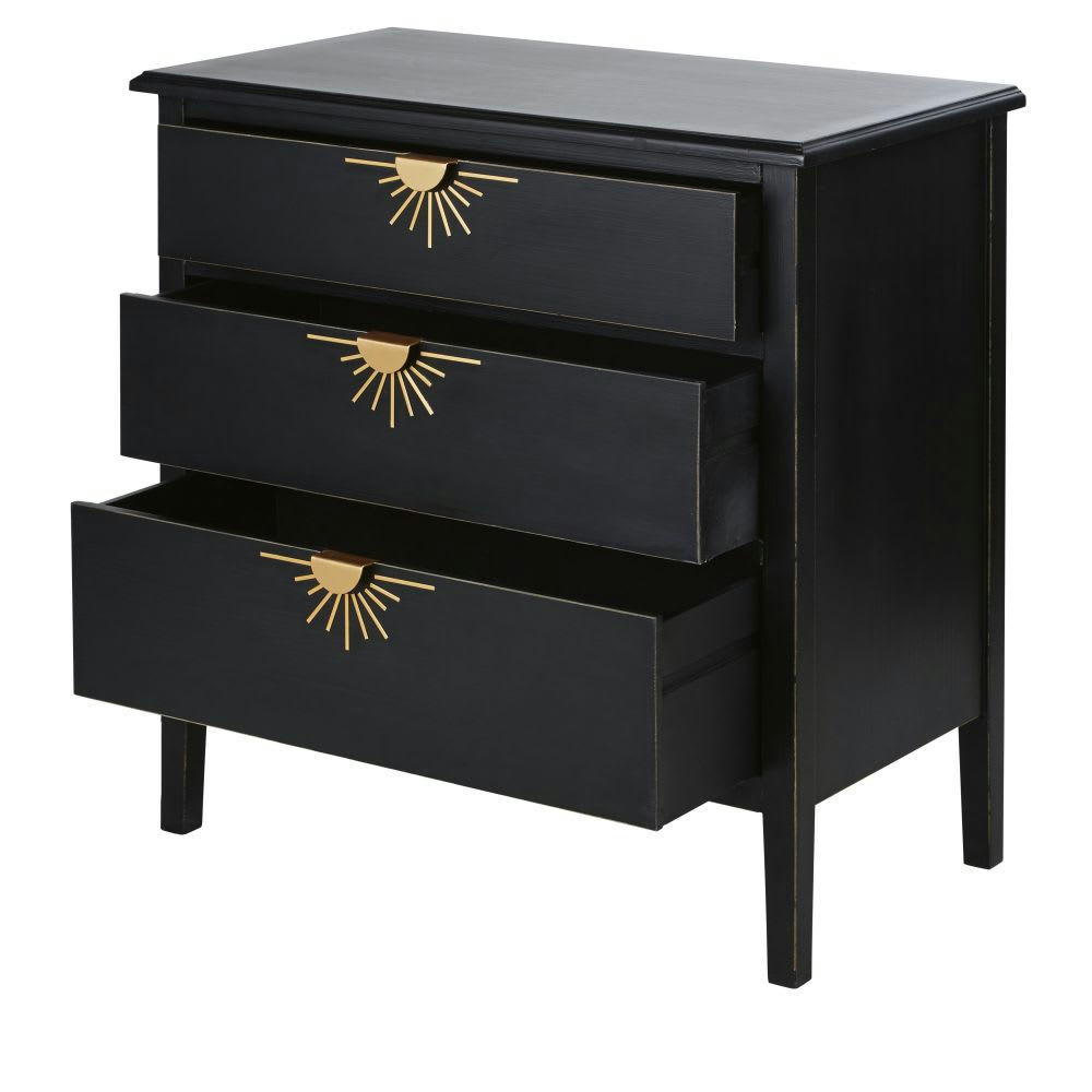 Ilios - Commode 3 tiroirs noire et métal doré