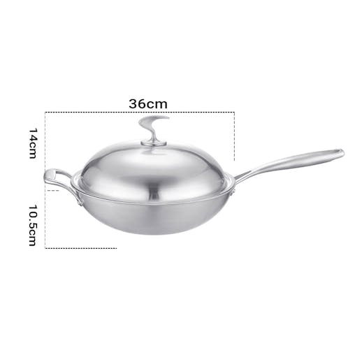 SOGA 18/10 Stainless Steel Fry Pan 36cm Frying Pan Top Grade Skillet with Helper Handle and Lid