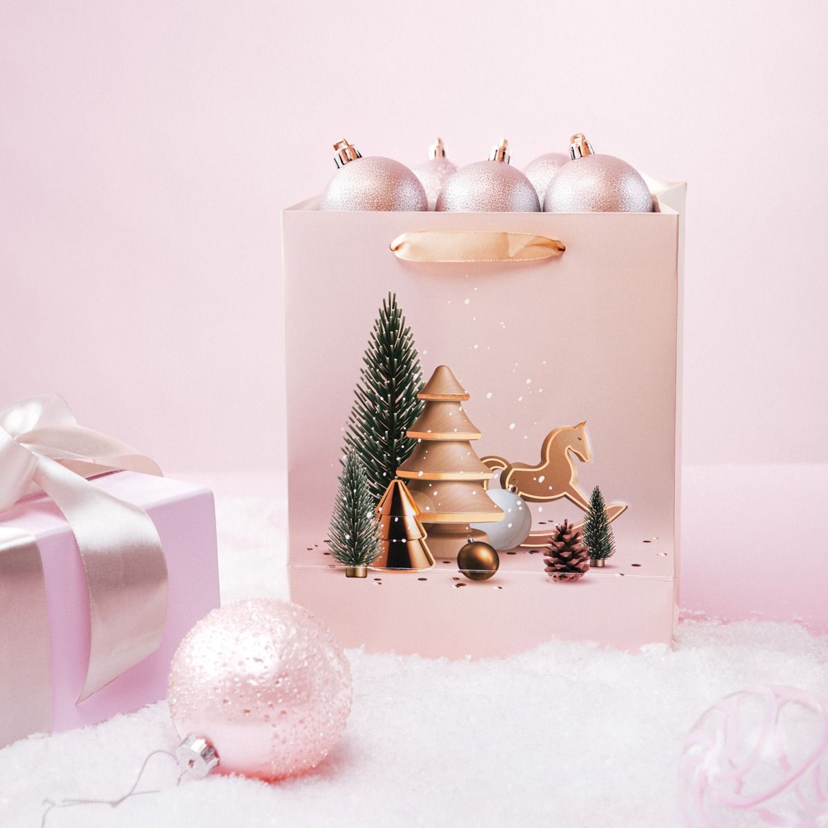 Torebka prezentowa CYMKA choinki różowe 19x23x10 cm
