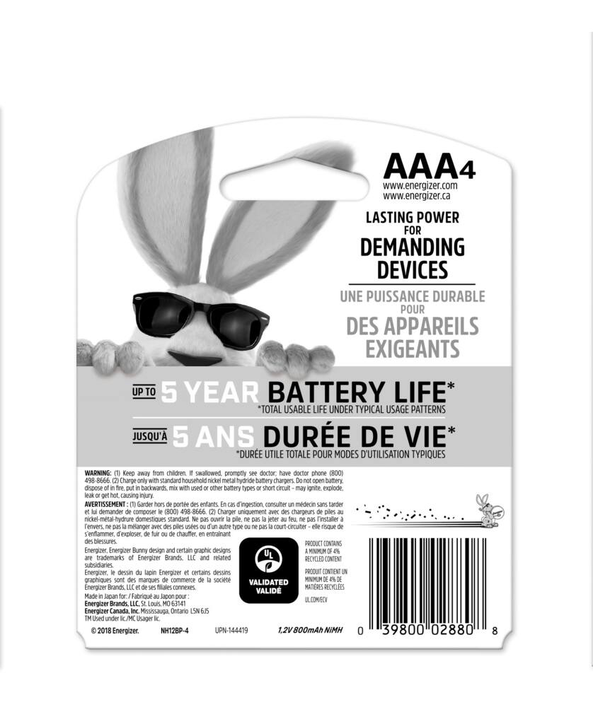 Energizer NH12BP-4 4-pk AAA 800mAh NiMH Rechargeable Batteries, Pre-Charged, All Purpose