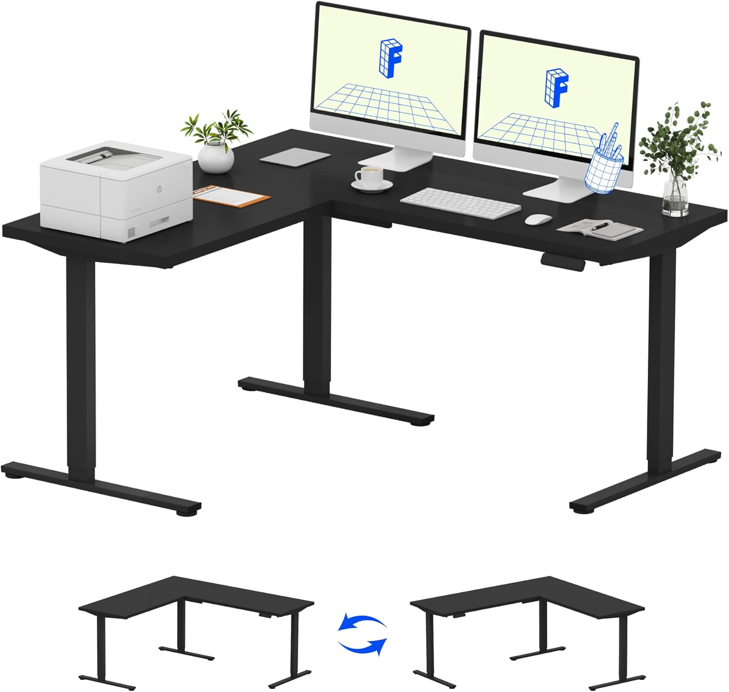 FLEXISPOT L Shaped Standing Desk, 63 x 55 Inch Electric Height Adjustable Corner Desk, Sit Stand Computer Workstation, Preset Controller, Home Office, Black Frame with Black Top
