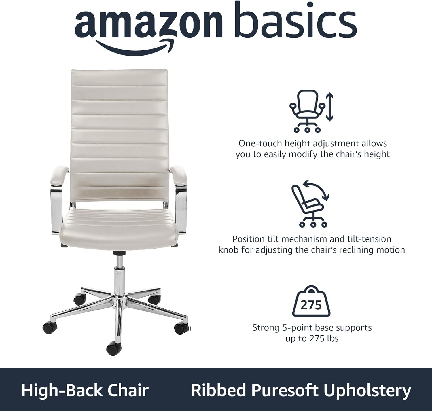 Amazon Basics High-Back Swivel Office Chair with Lumbar Support, Ergonomic Ribbed Faux Leather, Modern Style, 45.25 x 24.75 x 23.25, Stunning White
