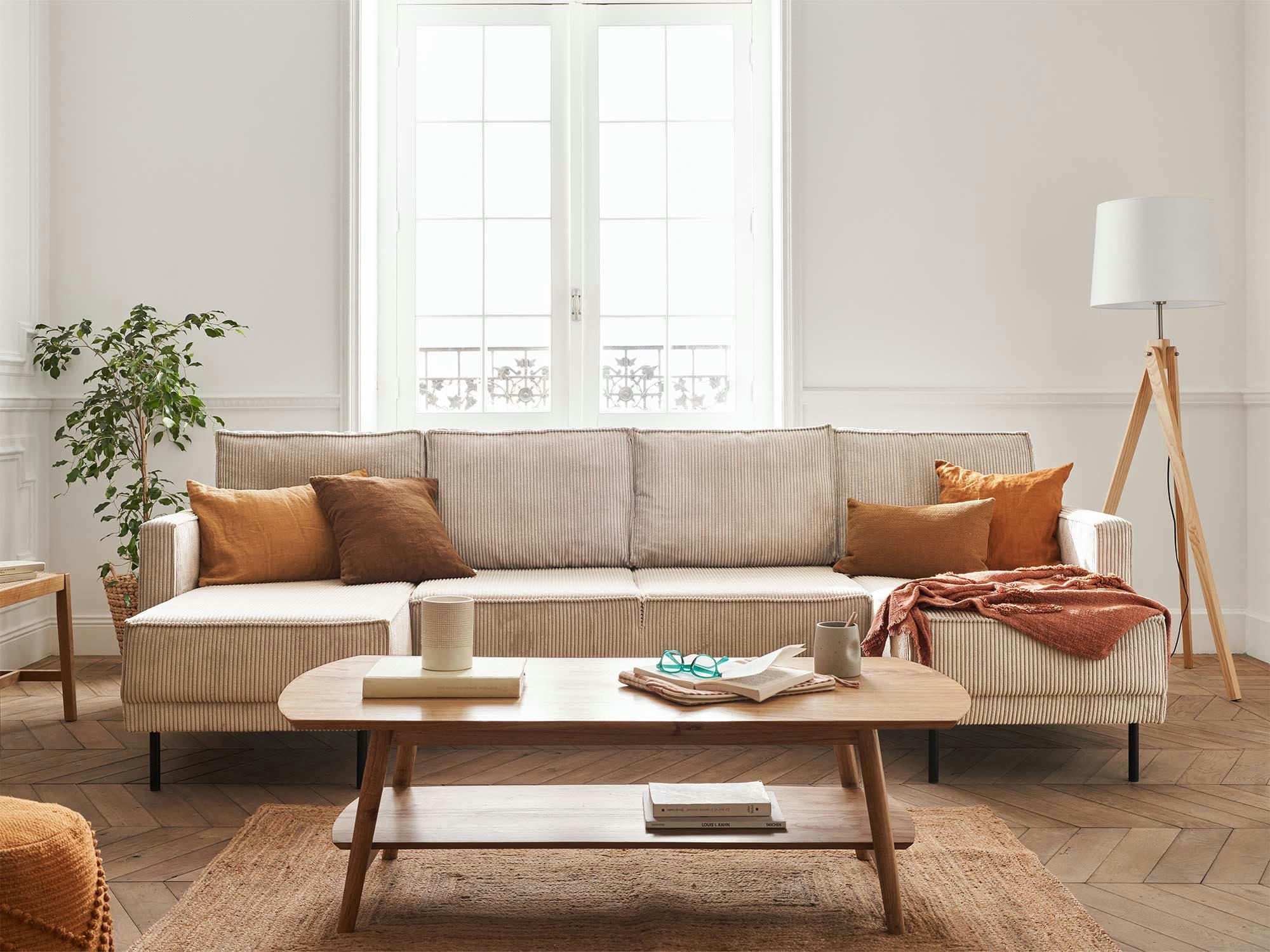 CHARLIE - Canapé panoramique 7 places angle réversible en velours côtelé beige