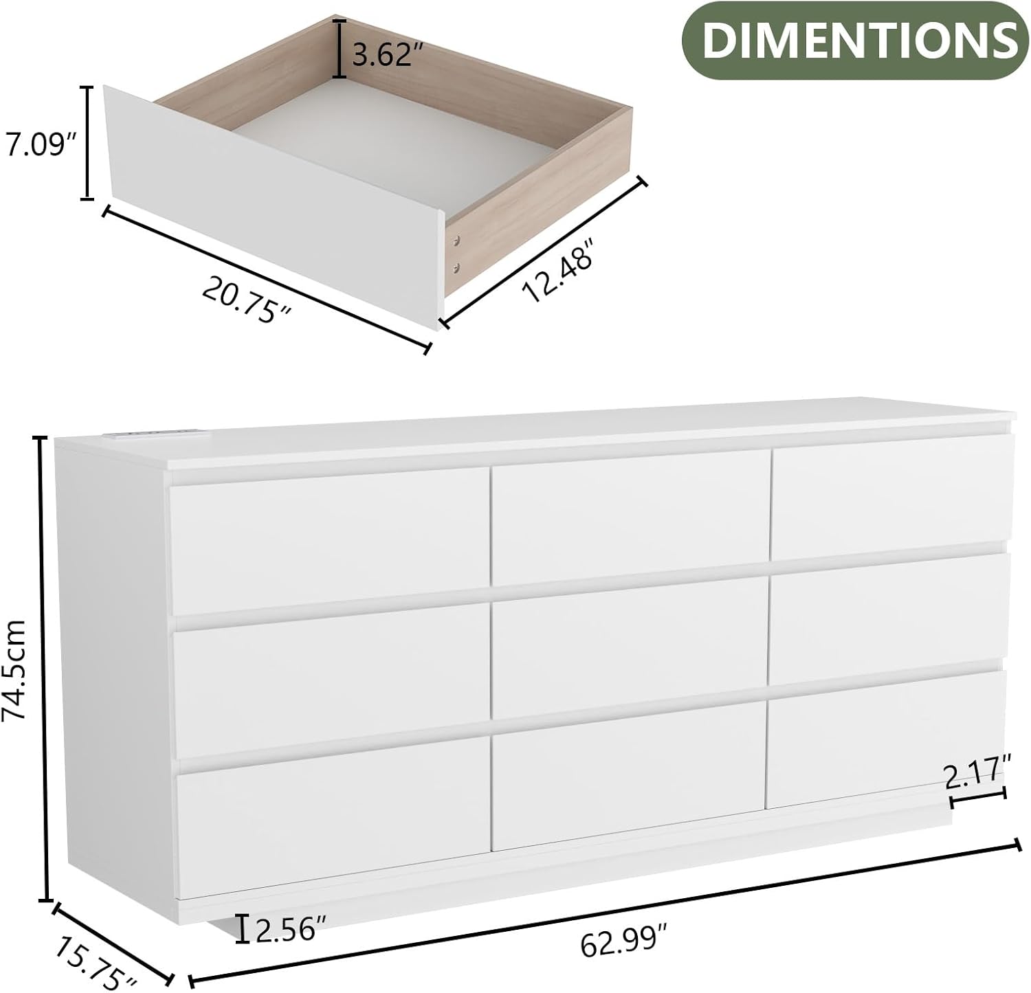 9 Drawer Dresser with Power Outlet, Floating White Dresser Chest of Drawer with LED Light,Modern Double Wide Drawer Organizer Cabinet for Bedroom,Living Room (9 Drawer-White)