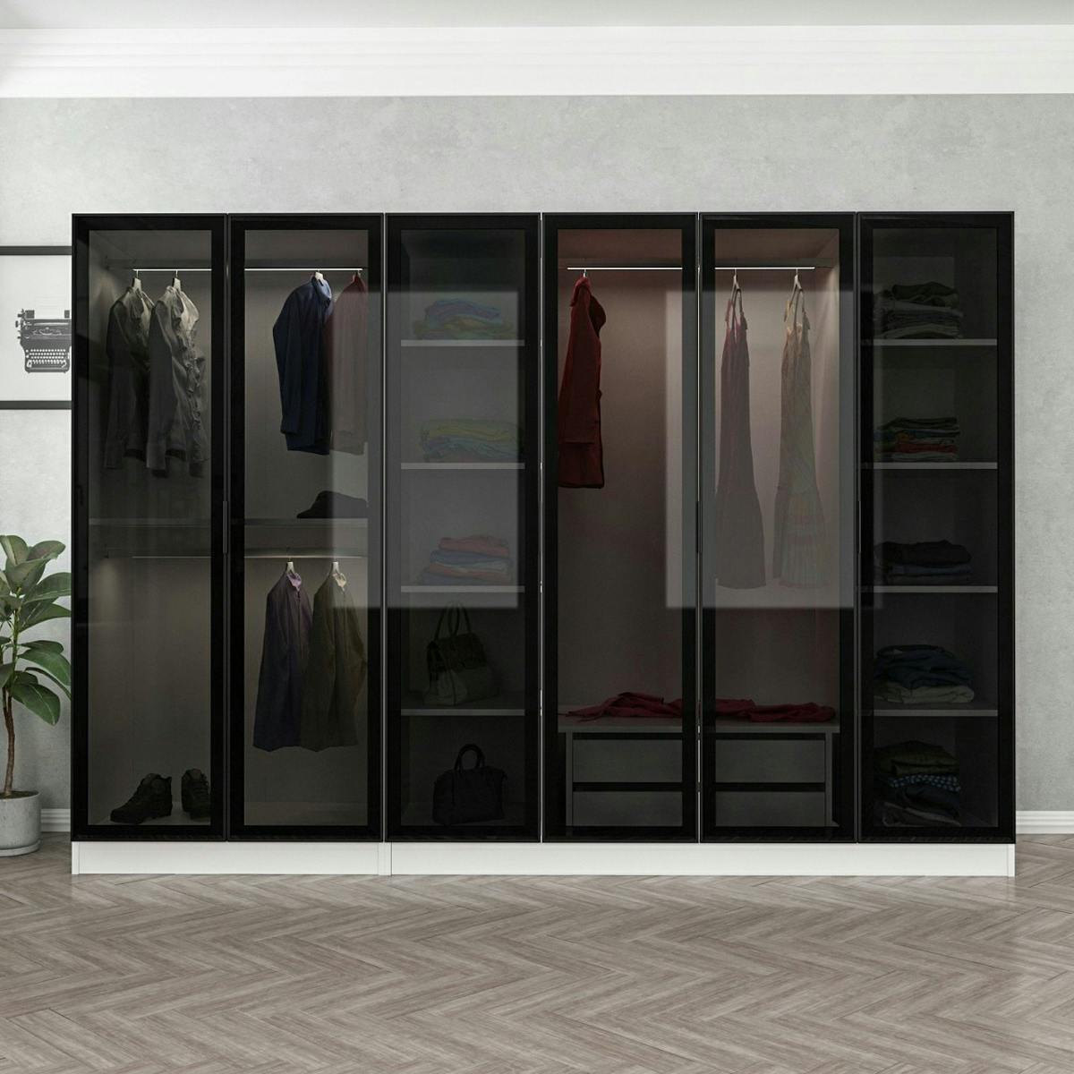 Dressing 6 portes verre, 2 tiroirs & cadre blanc BYRON