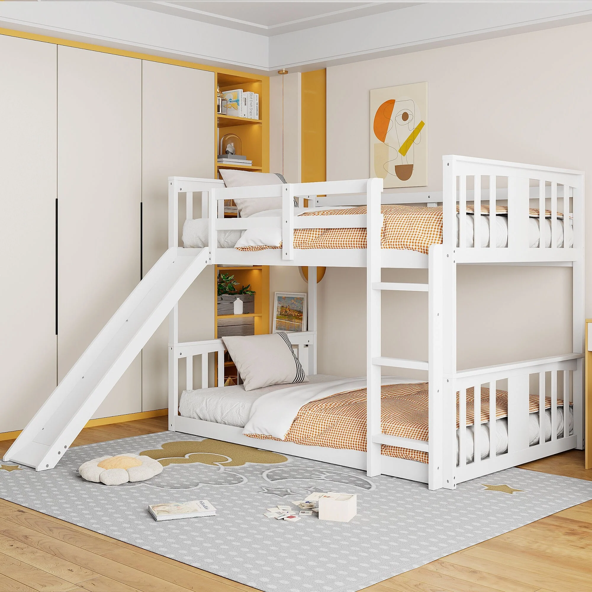 Roomfitters Twin Over Twin Bunk Bed with Slide and Ladder, Space-Saving Indoor Play Design, White