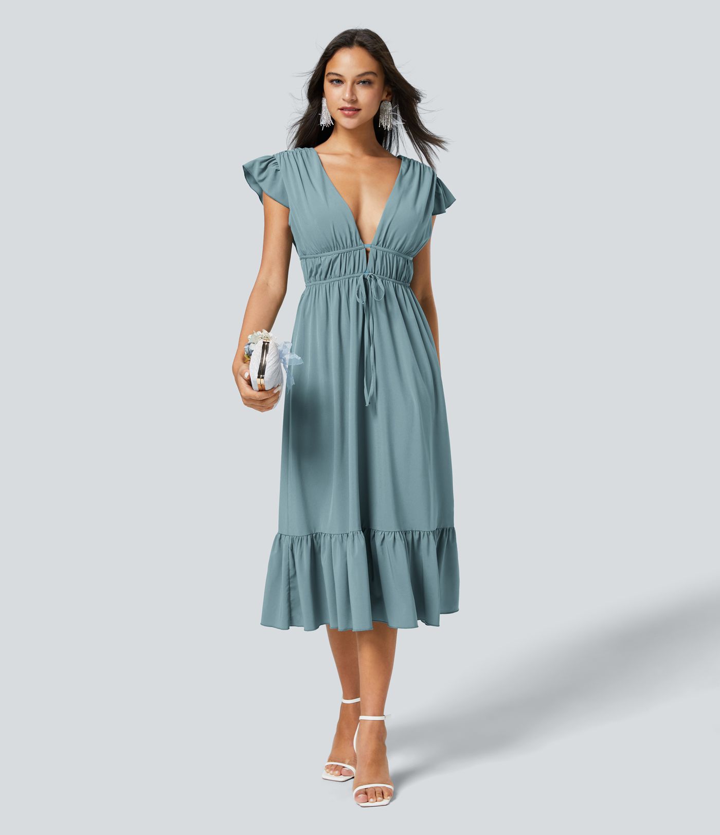 Breezeful™ Robe Midi Séchage Rapide Demoiselle d'Honneur et Invitée de Mariage Encolure en V Profond Manches Papillon Dos Nu Nœud Poches Latérales Ourlet à Volants