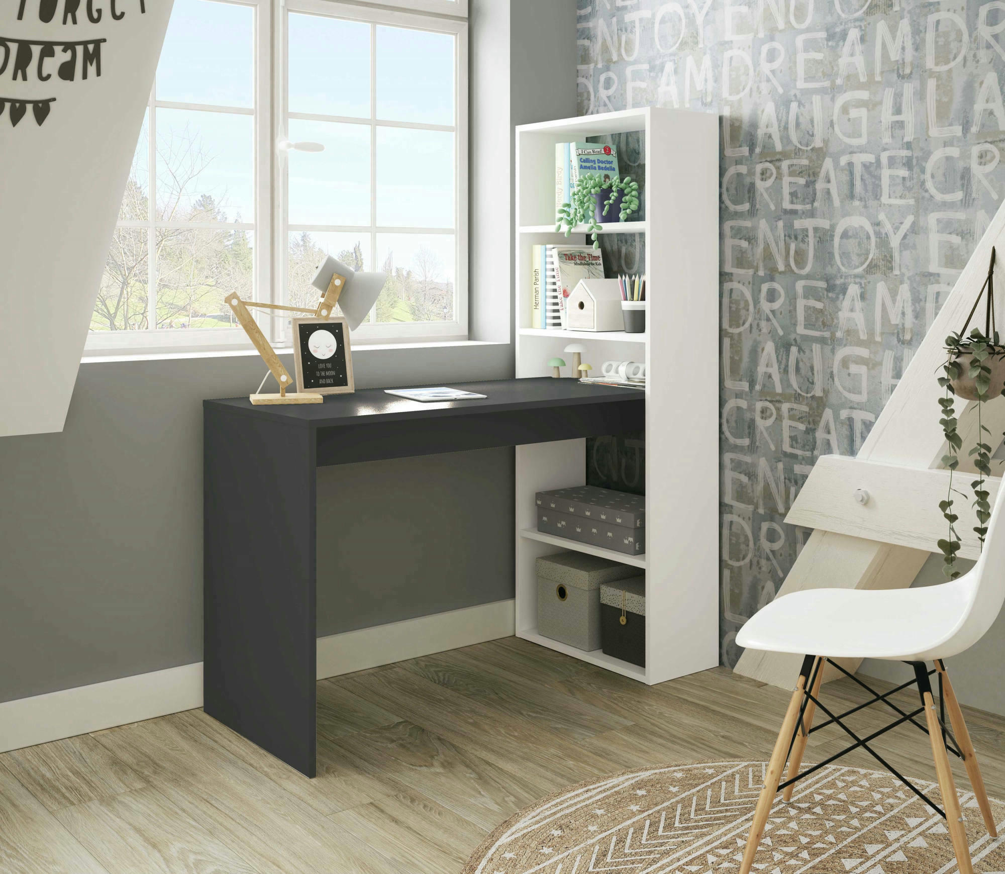 DENTON - Bureau effet bois blanc et anthracite