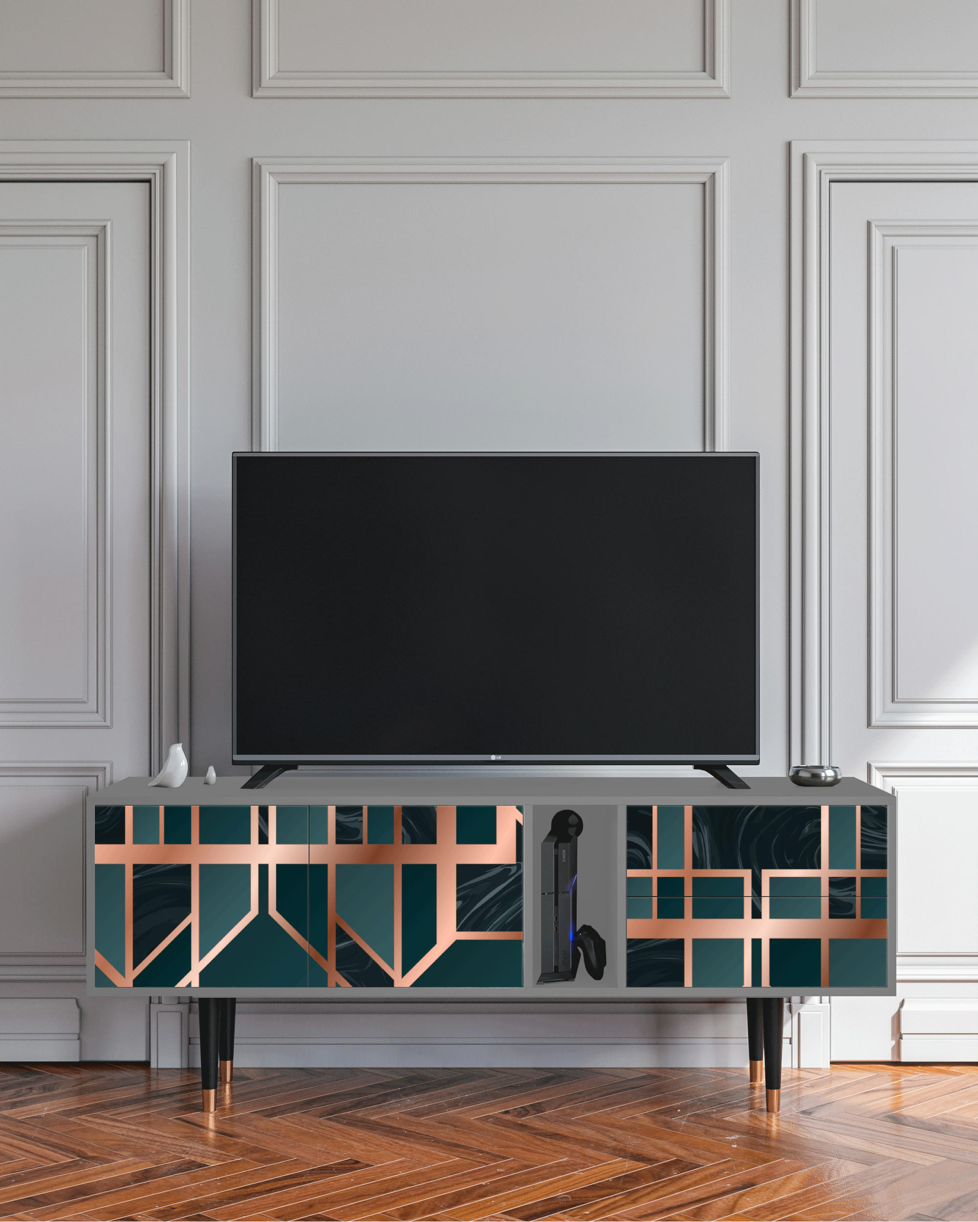 EMERALD METRO - Meuble TV  bleu-vert 2 tiroirs et 2 portes L 170 cm