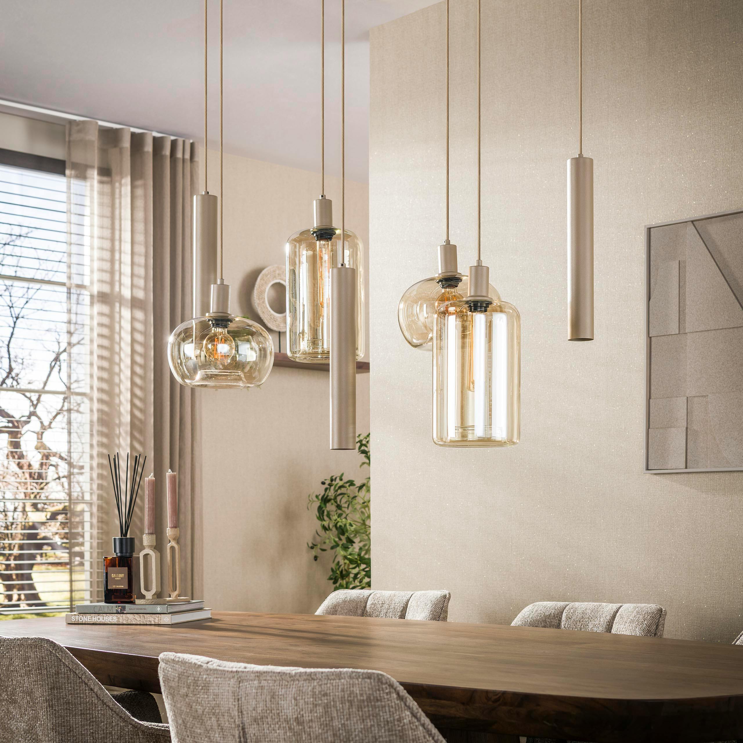 Suspension de table verre et métal beige 7 lampes NIAGARA