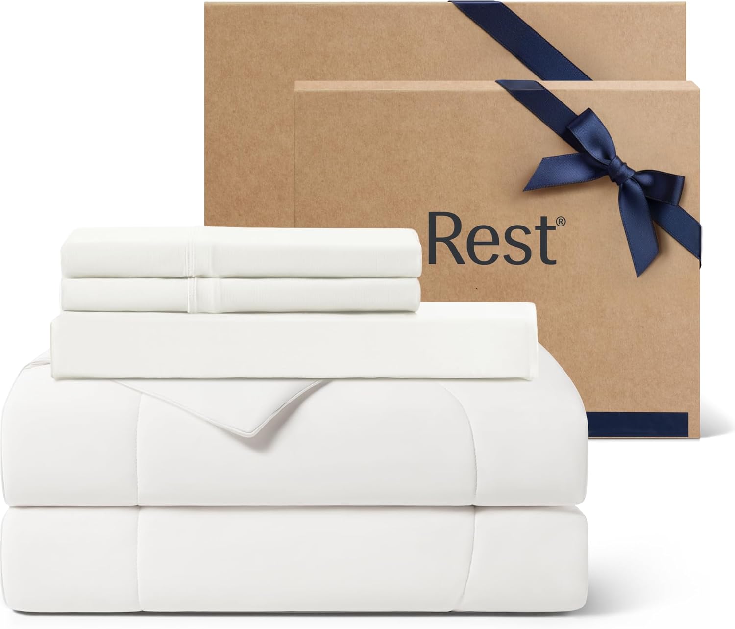 Rest® Evercool®+ Cooling Comforter Set, Queen Size Arctic White, 4pcs with Cooling Blanket, Wrinkle-Free Deep Pocket Fitted Sheet, 2 Silver-Infused Pillowcases for Skin and Hair Bed Set, Ultra Comfort