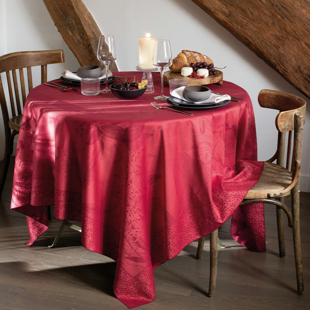 ORCHIDEES BORDEAUX - Nappe antitache déperlant pur coton bordeaux 180X260
