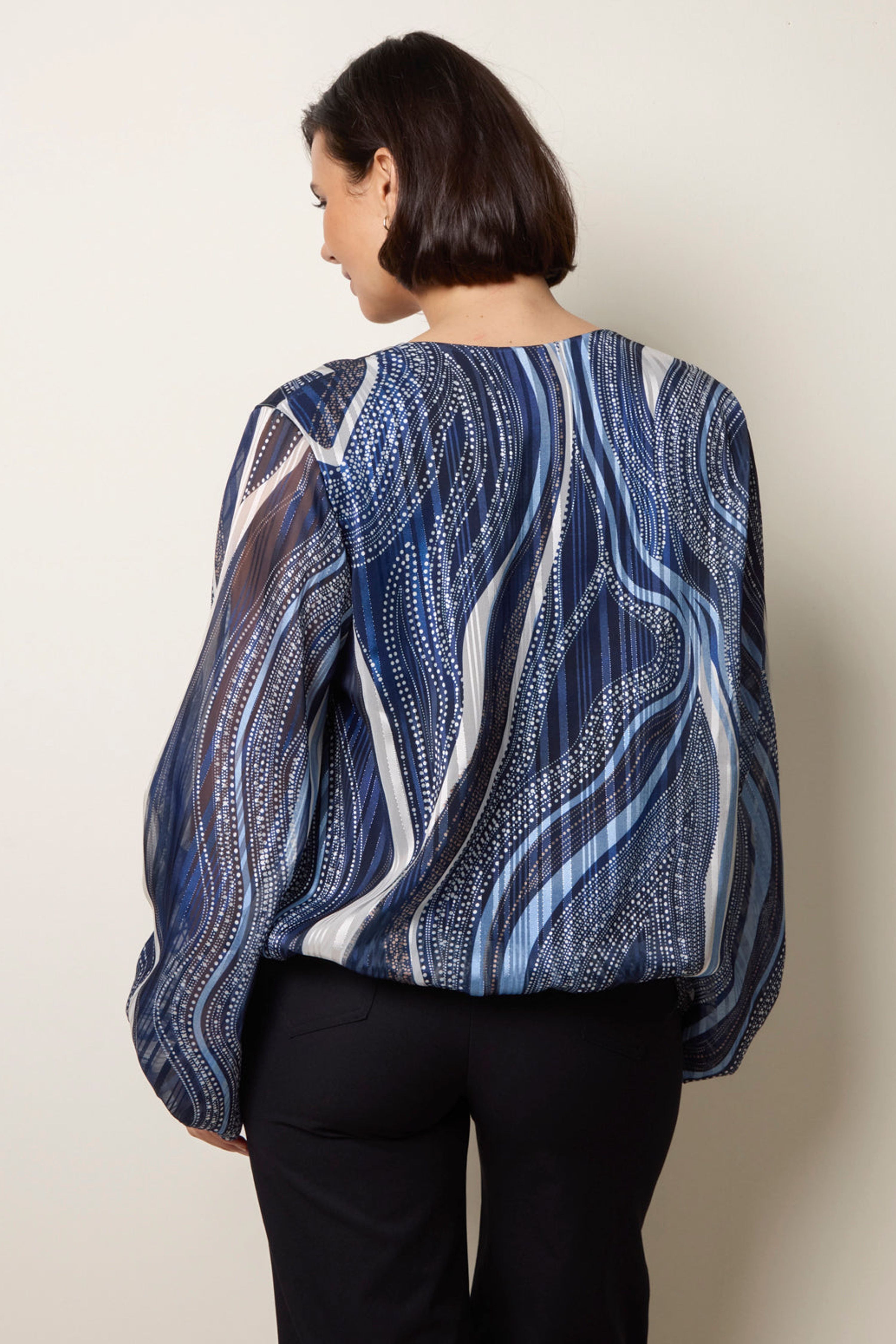 Blue Vanilla Navy Swirl And Dot Print V Neck Metallic Blouse