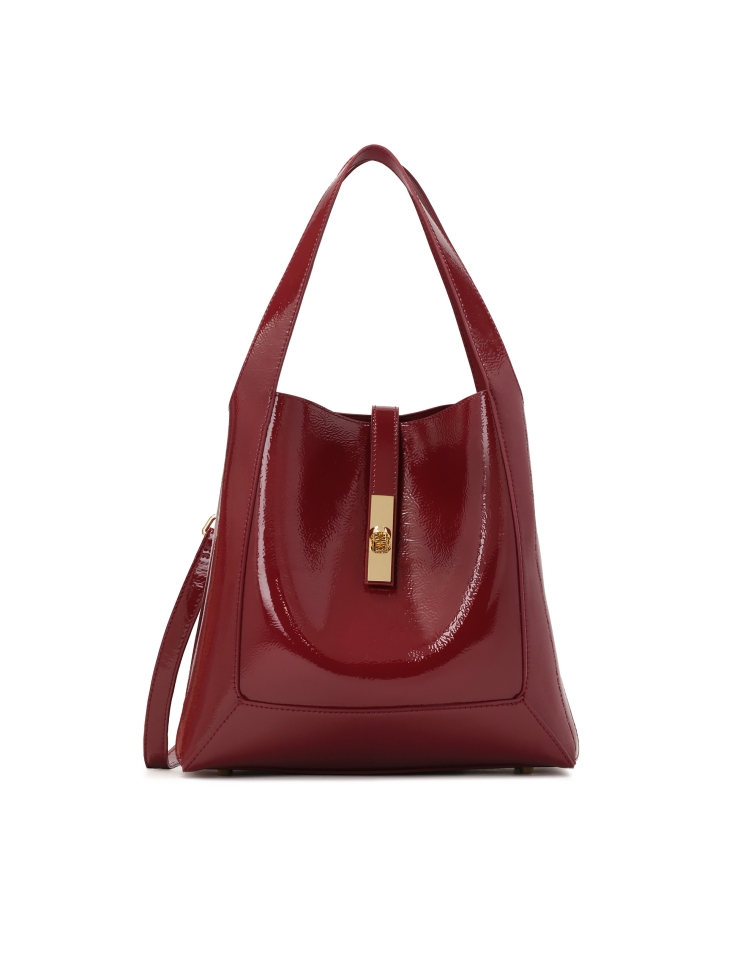 Maroon crinkled patent leather handbag