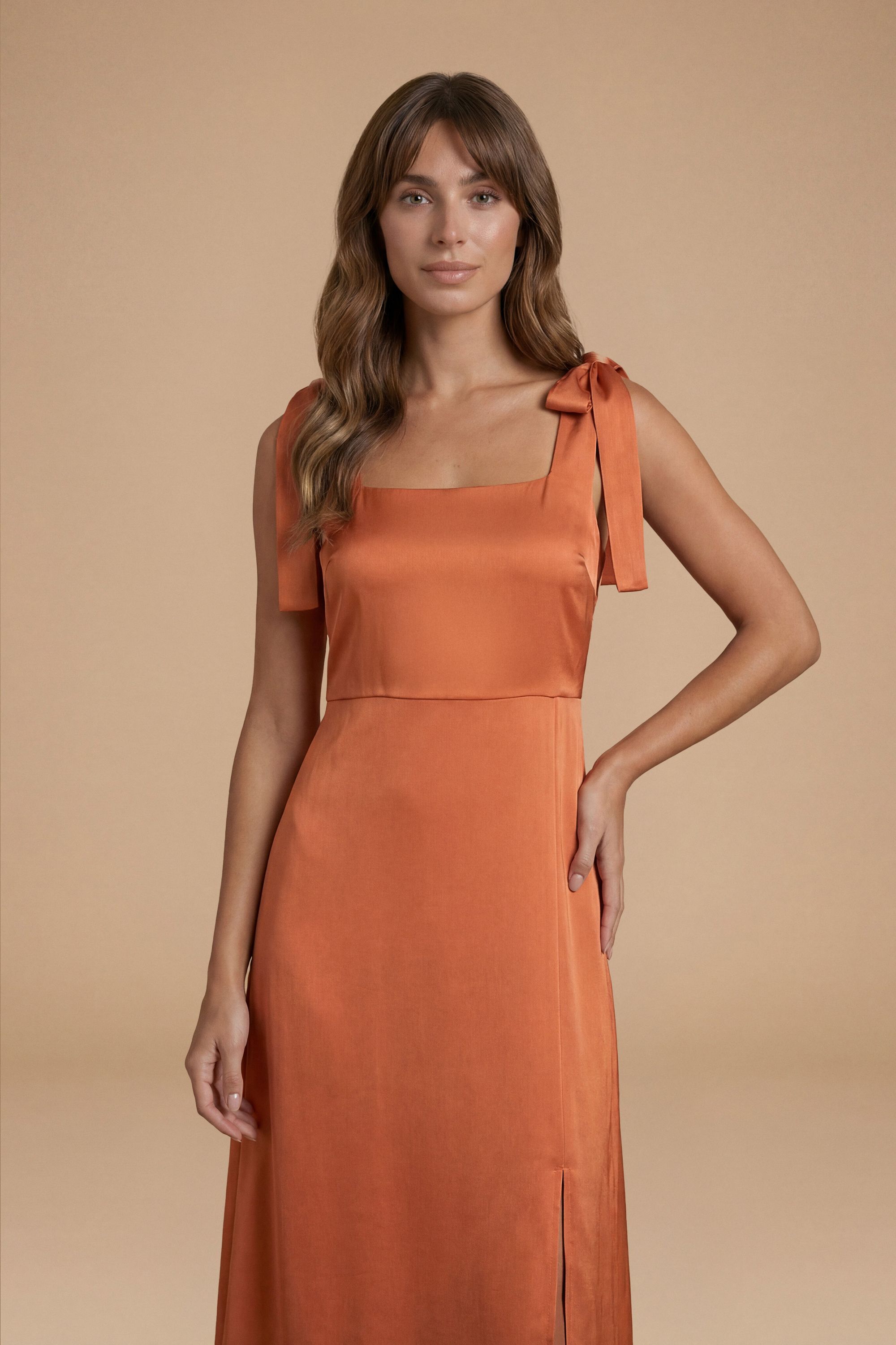 Oasis Rust Satin Tie Shoulder Midi Bridesmaid Dress