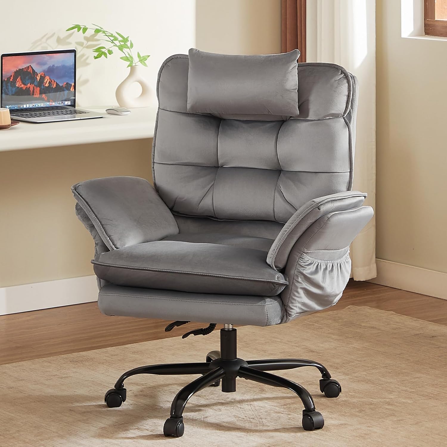 Bestier Criss Cross Chair with Flip-Up Armrests and Headrest, 135° Reclining Swivel Executive Chair with Side Pockets, Big and Tall Computer Desk Chair for Home Office Bedroom, Grey Velvet