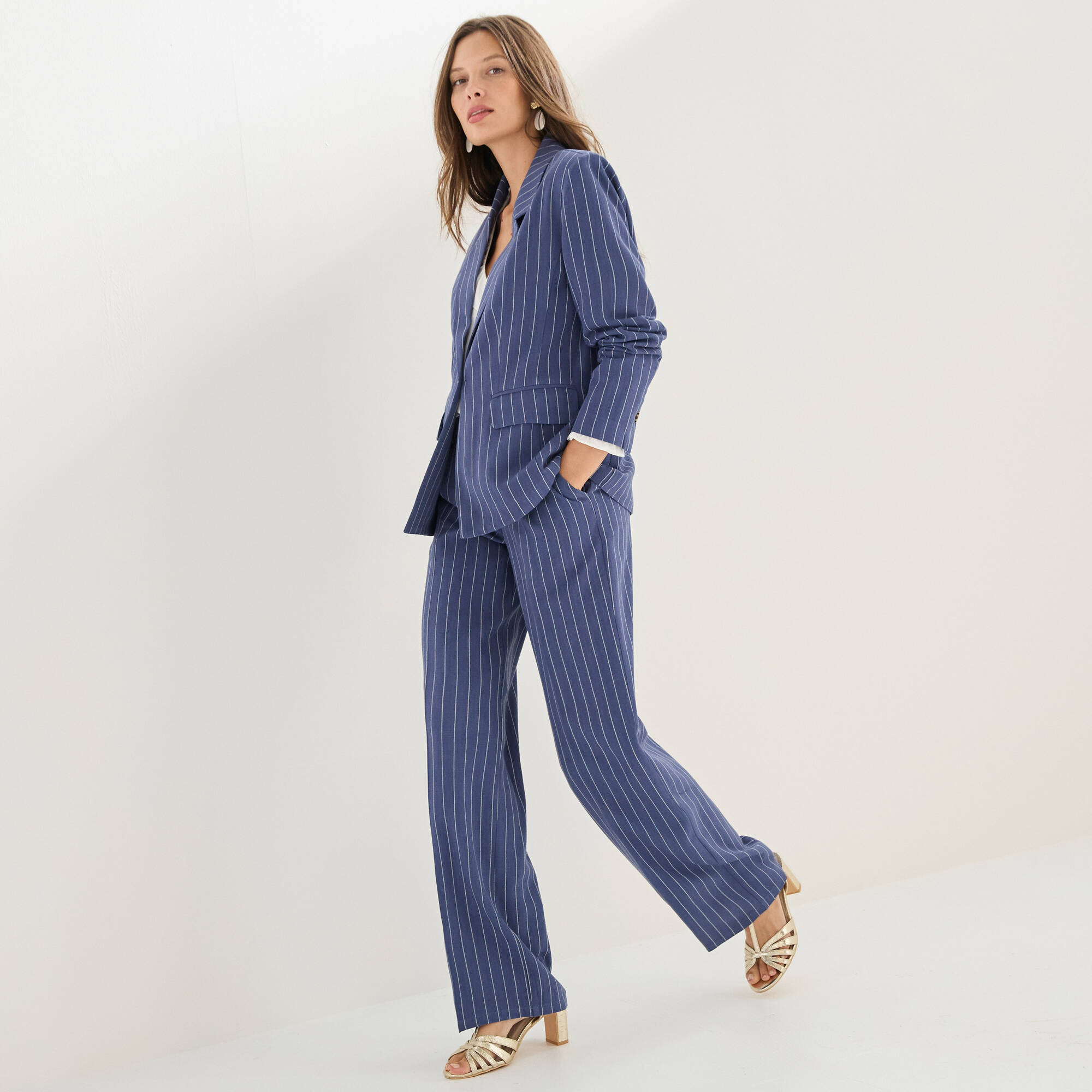 Veste blazer rayée, viscose-lin
