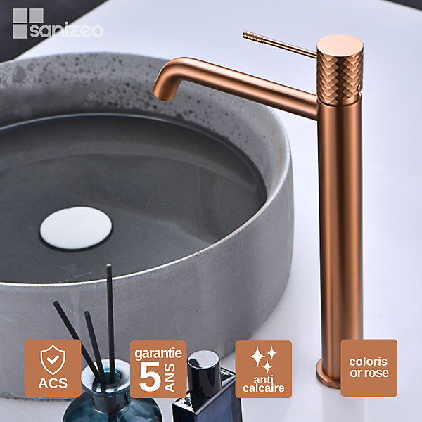 Mitigeur de Lavabo Anti-Calcaire Bec Haut Or Rose Cuivré IMEX GENOVA BDG053-3ORC
