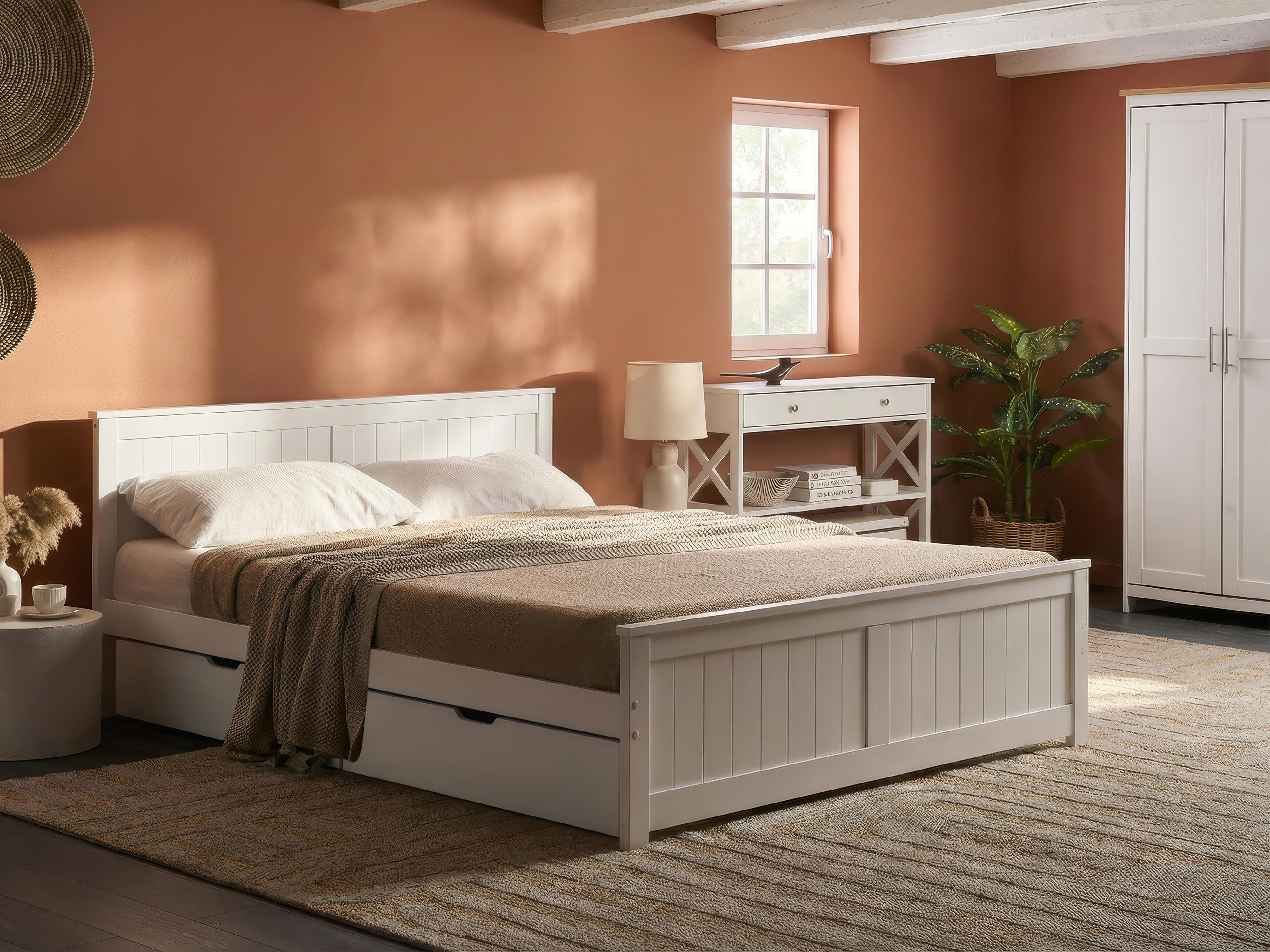 Bed with 2 Drawers Pine Wood SABRAN 140 x 200 cm (EU Double) White