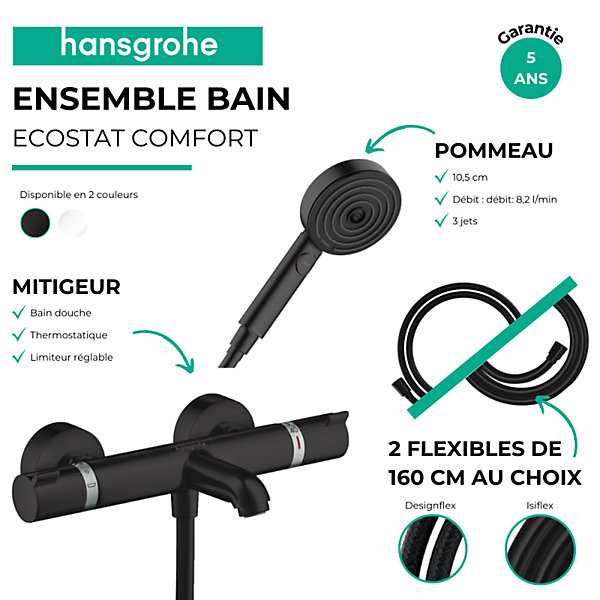 Pack mitigeur bain douche thermostatique HANSGROHE Ecostat Comfort   Flexible Isiflex   Pommeau Pulsify 3jets Relaxation noir mat