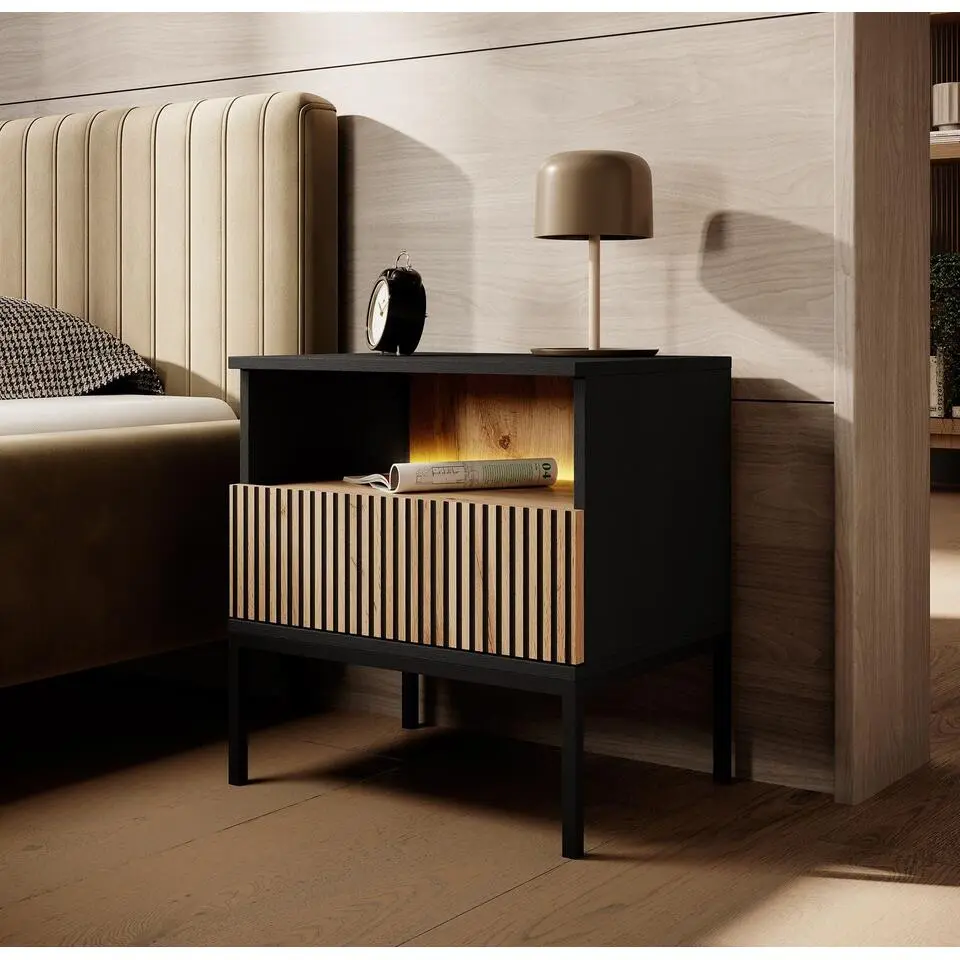 Meubella - Nachtkastje Legend - Mat zwart - Eiken