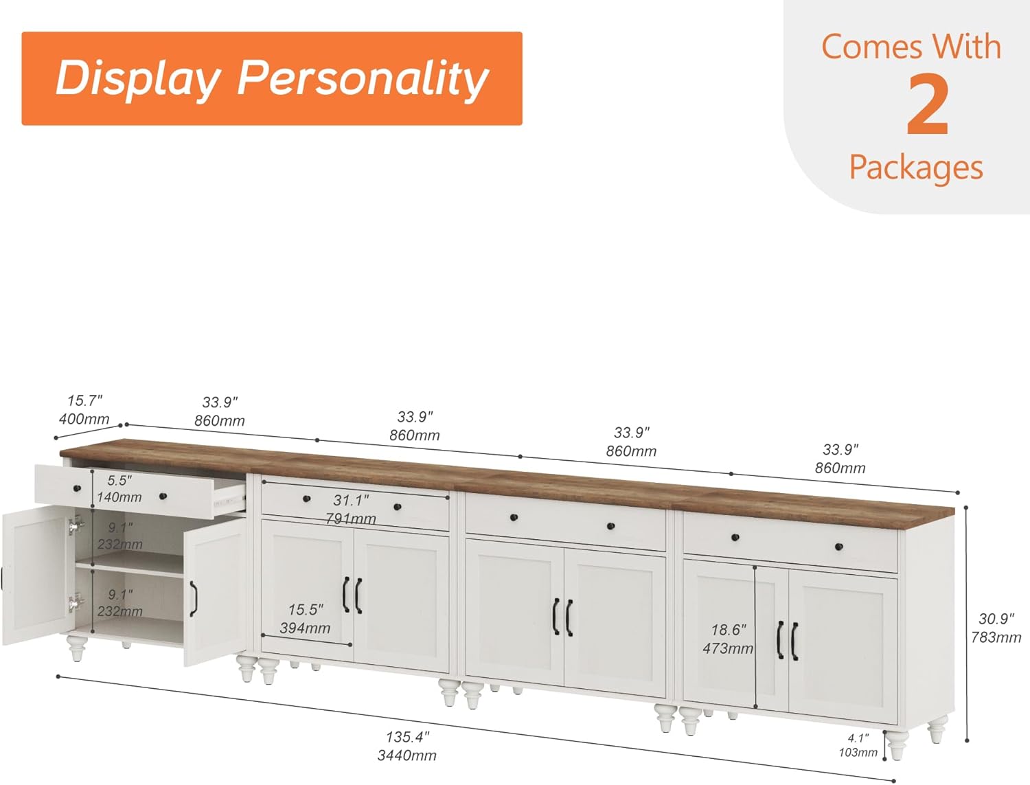 WAMAPT Buffet Cabinet with 8 Doors and 4 Drawers, Large Coffee Bar Table Wood Kitchen Storage Cabinets, Modern Farmhouse Sideboard Credenza for Dining Room, Off White, 136 inch