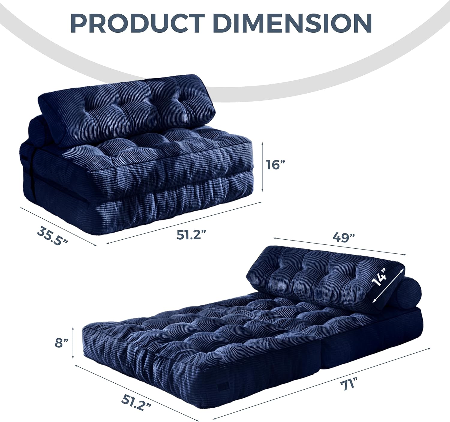 MAXYOYO Folding Sofa Bed, Convertible Sleeper Chair with Pillow Foldable Mattress with Back Support, Portable Fold Out Chair Bed Comfy Floor Sofa Lounge for Living Room Bedroom, Navy Double