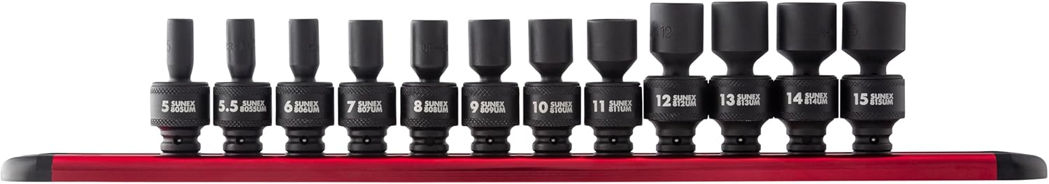 SUNEX TOOLS 1814, 1/4 Inch Drive Universal Impact Socket Set, 12-Piece, Metric, 5mm - 15mm, Cr-Mo Steel, Radius Corner Design, Chamfered Opening, Dual Size Markings, Heavy Duty Storage Case