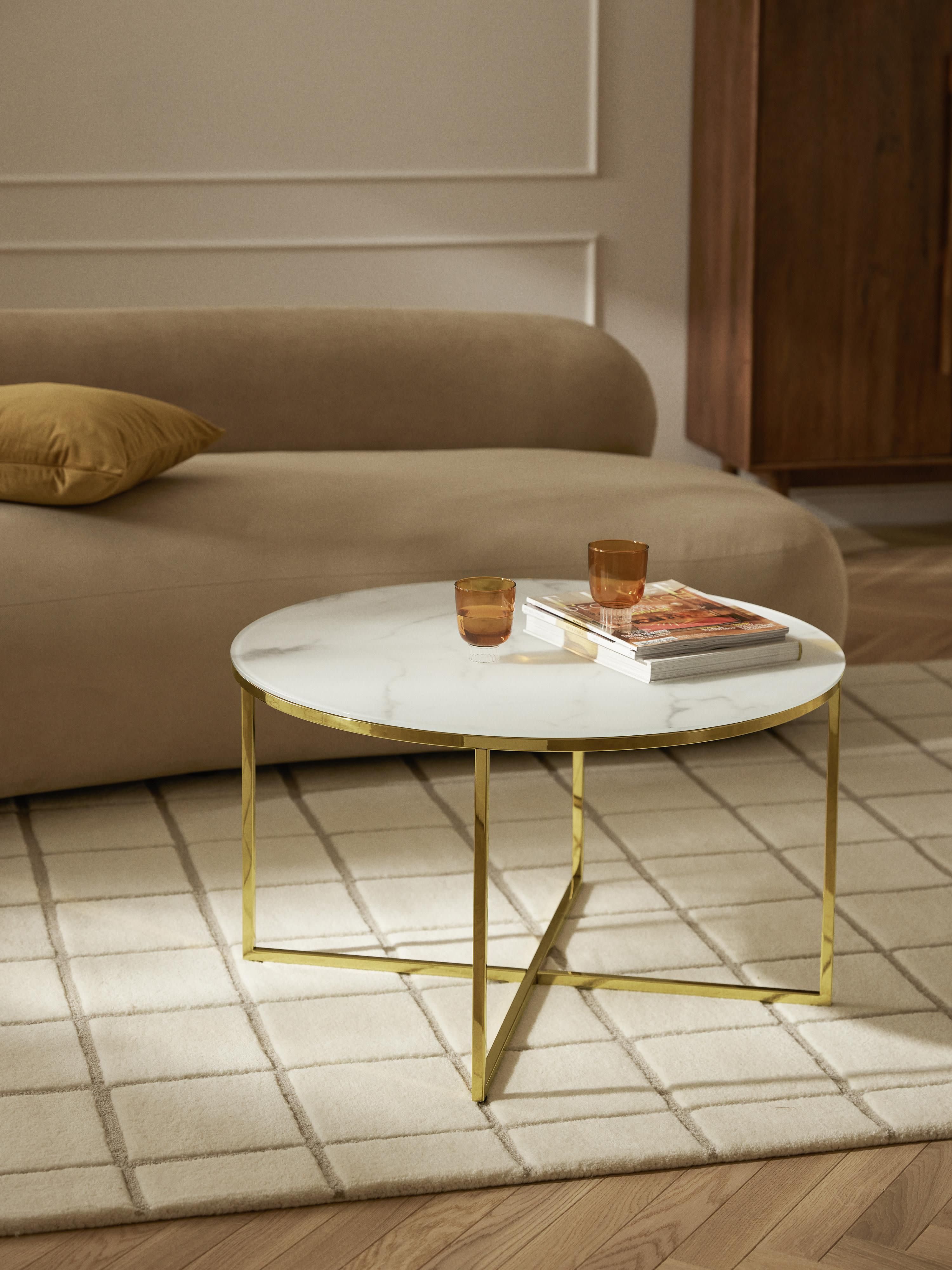 Runder Couchtisch Antigua mit Glasplatte in Marmor-Optik