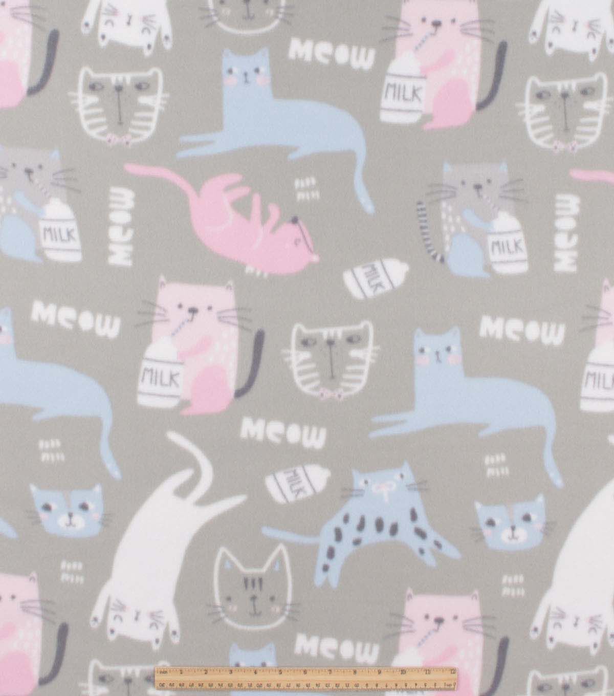 Cats With Milk on Gray Blizzard Fleece Fabric