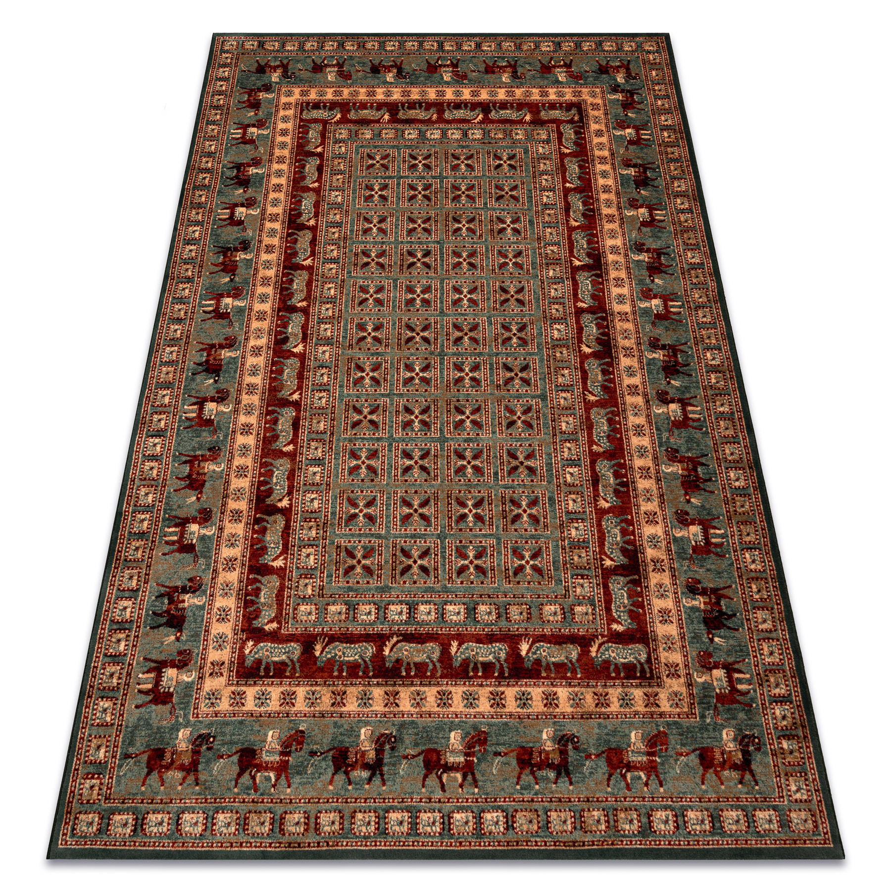 Dywan wełniany KASHQAI 4301 401 orientalny, ramka zielony / 67x130 cm