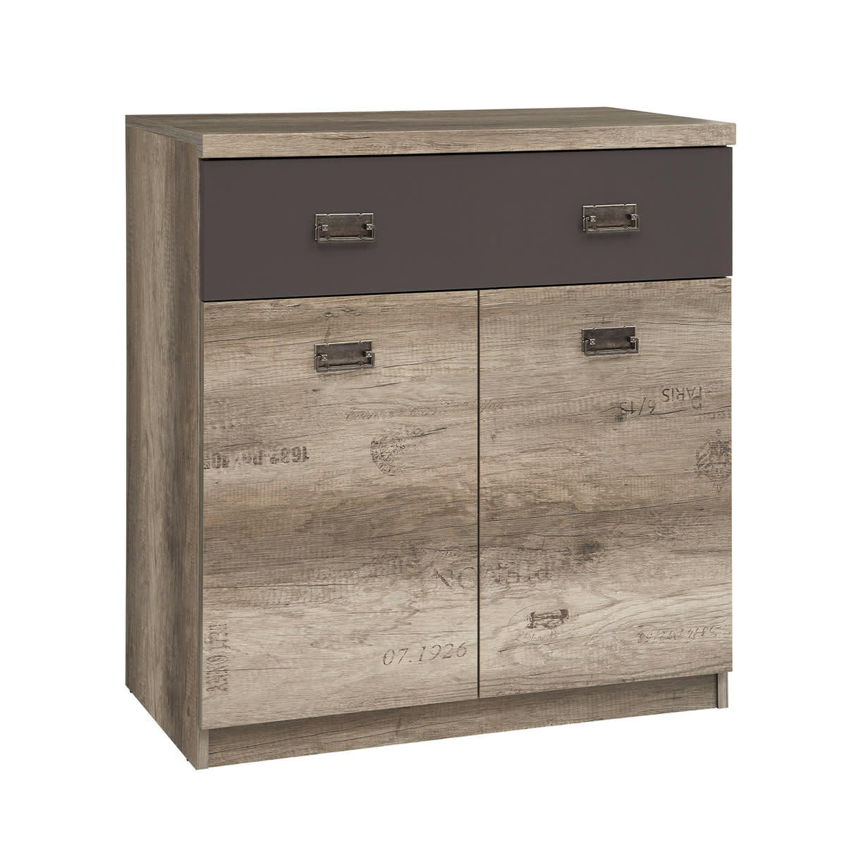 - Commode 1 tiroir 2 portes stratifiés naturel et gris