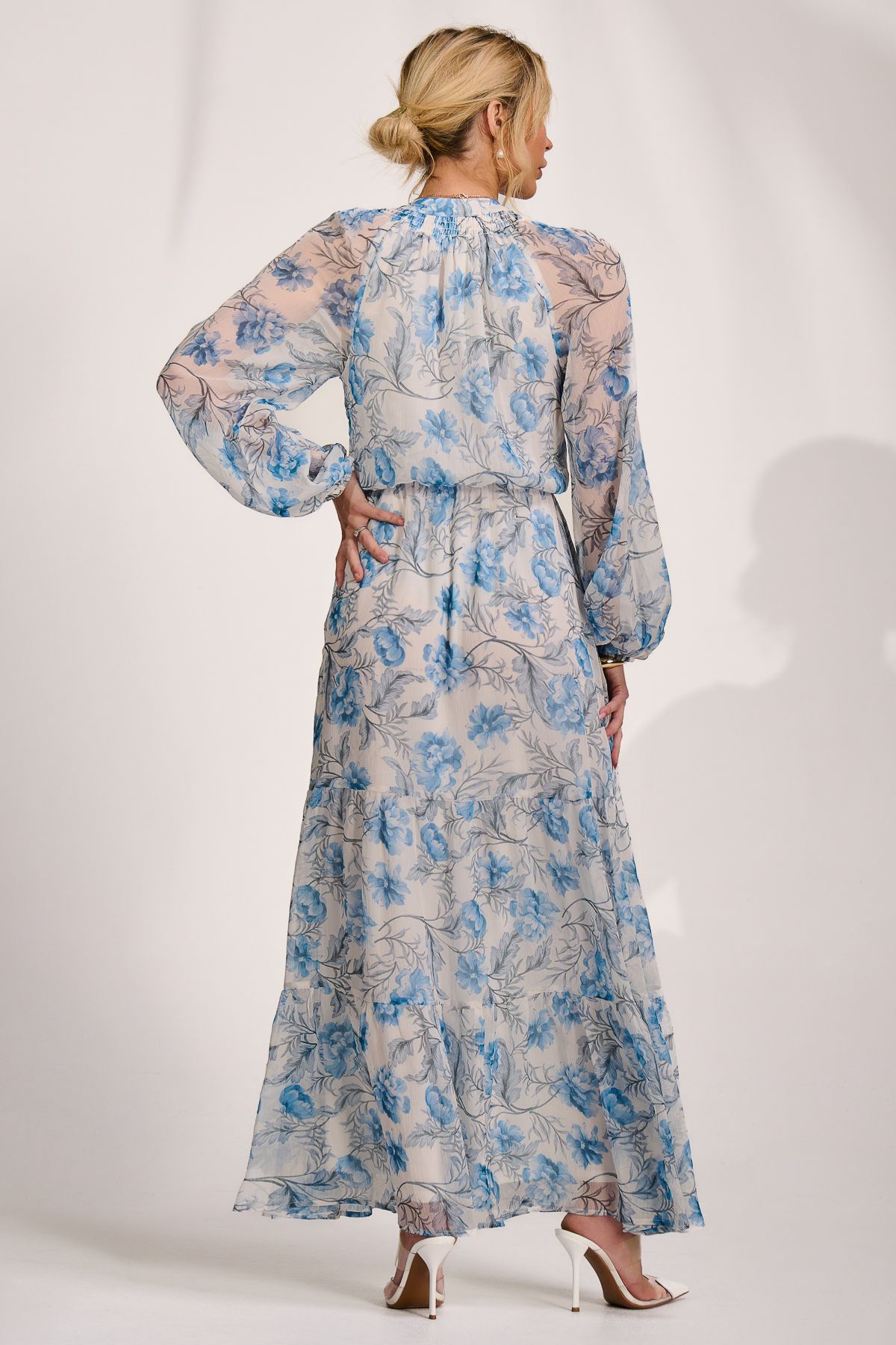 Jolie Moi Long Sleeve Chiffon Tiered Maxi Dress