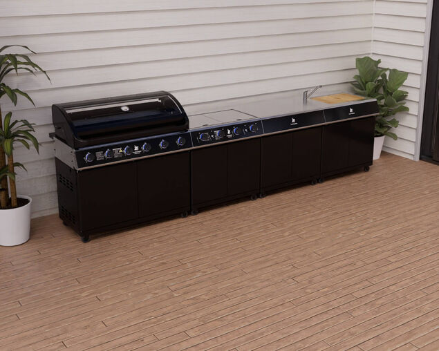 Beefmaster Premium 6 Burner Outdoor Kitchen with Range, Sink & Bench on Classic Carts