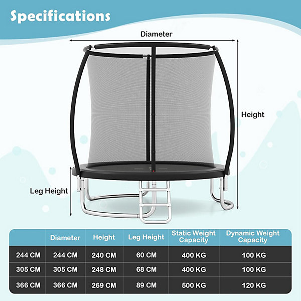 244CM Trampoline Exterieur Enfant, Trampoline avec Filet Sécurité, échelle, Galvanisée, pour Enfants et Adultes (Noir,244x240CM)