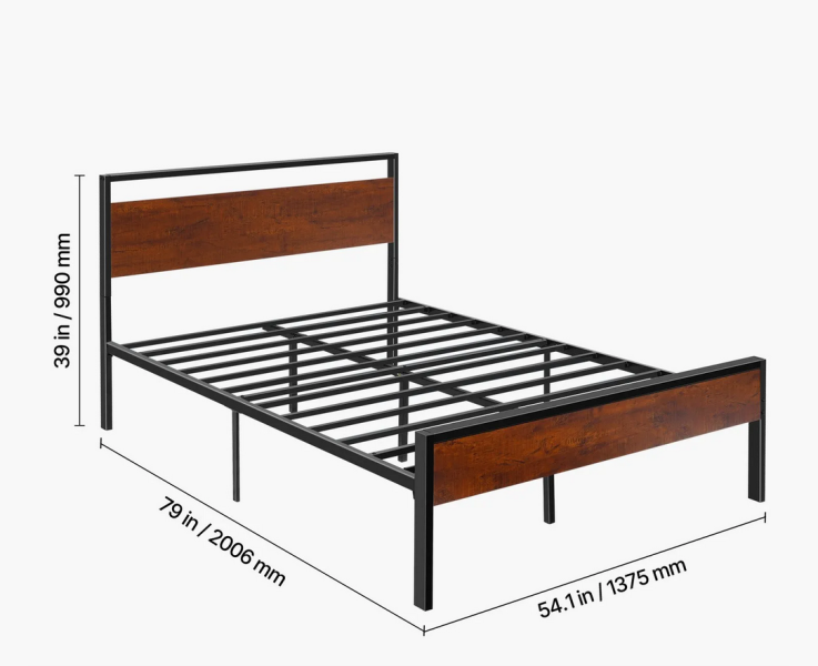 Łóżko metalowe full size 35 cm z drewnianym zagłówkiem i dużym schowkiem