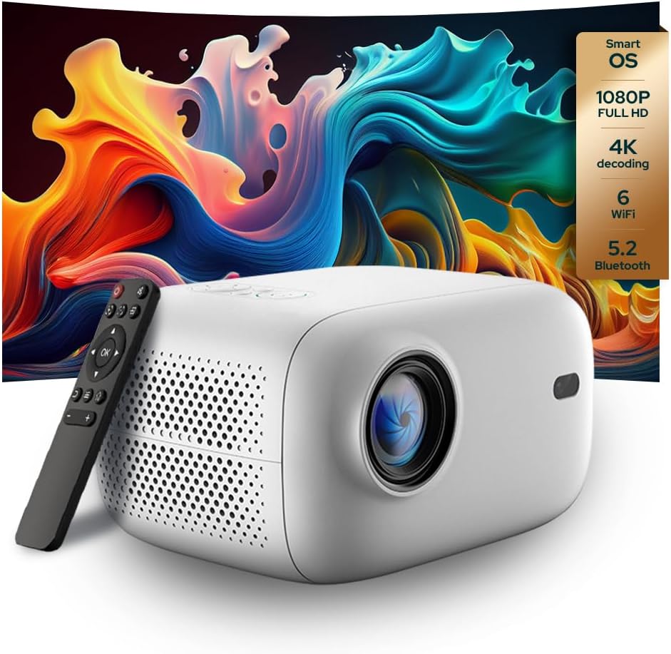 PJ500 Compact Smart Projector, 40-130 1080P HD Screen, 4K Decoding, 550 ANSI Lumens, Auto Focus and Keystone, Wi-Fi 6 & Bluetooth 5.2 Connectivity