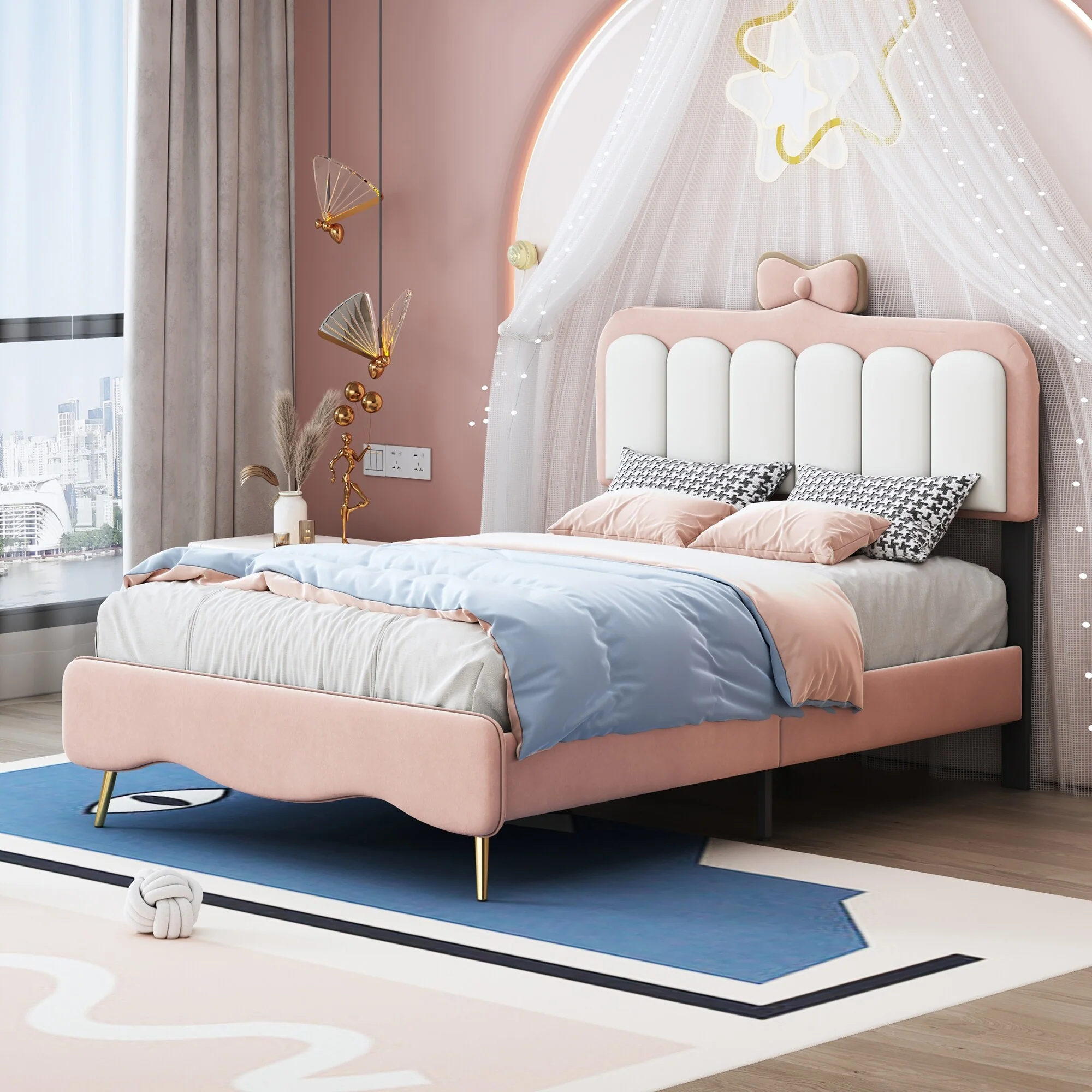 Cute Bow Knot Headboard Full Platform Bed with Velvet Upholstery, Pink