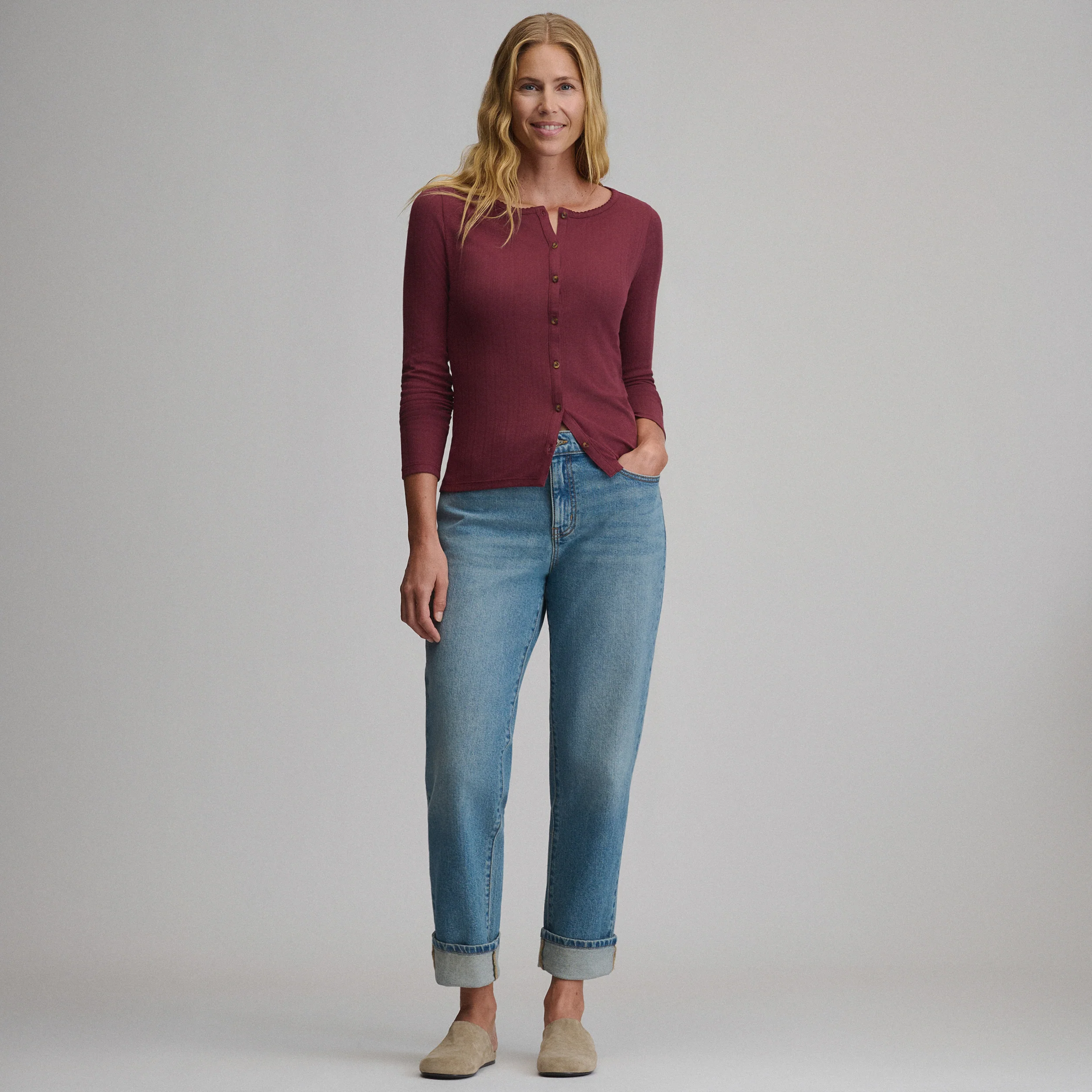 Women's Long-Sleeve Pointelle Button Front Top
