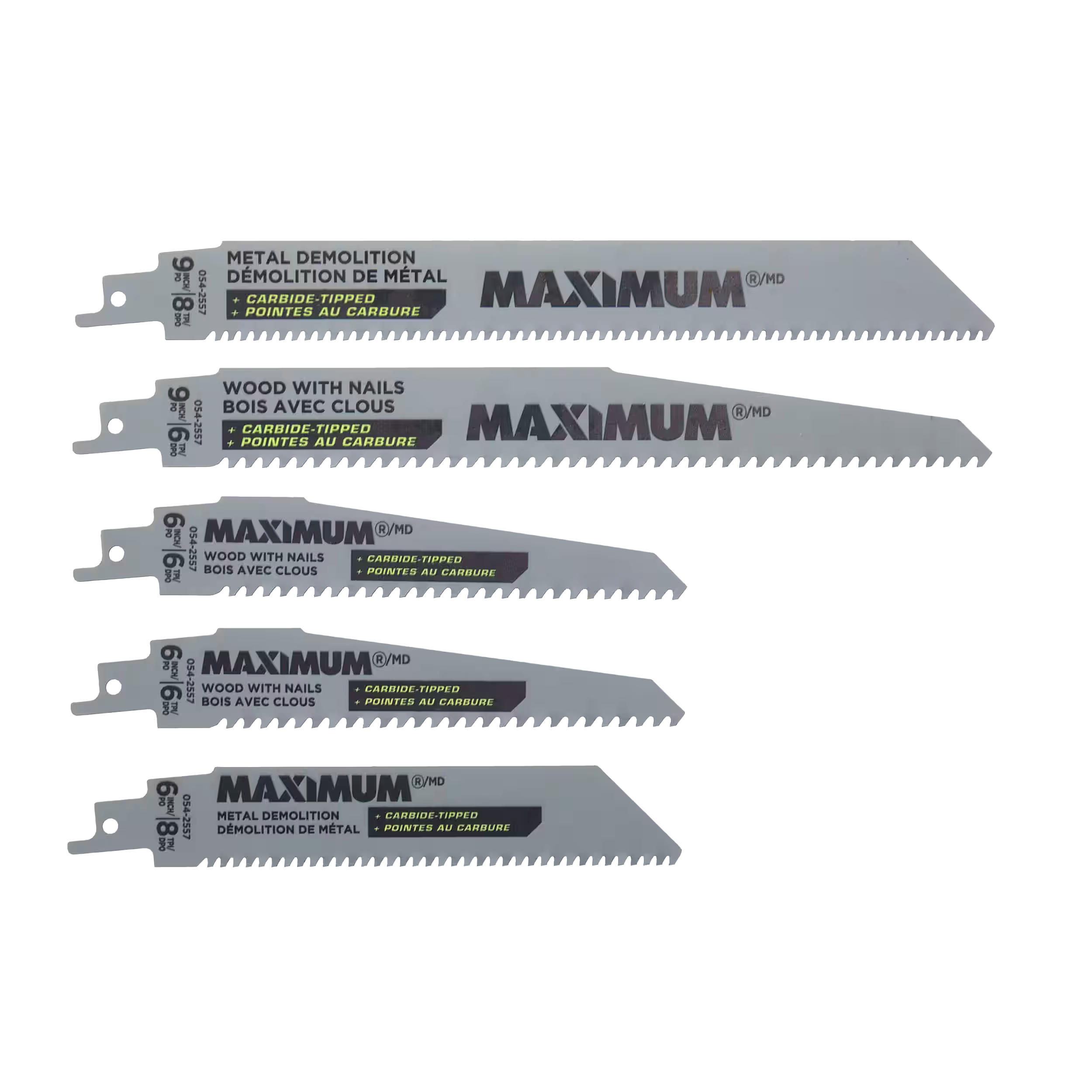 MAXIMUM Assorted TPI Carbide Tipped Reciprocating Saw Blade Set for Metal, Plastic, Wood with Nails, 5-pc