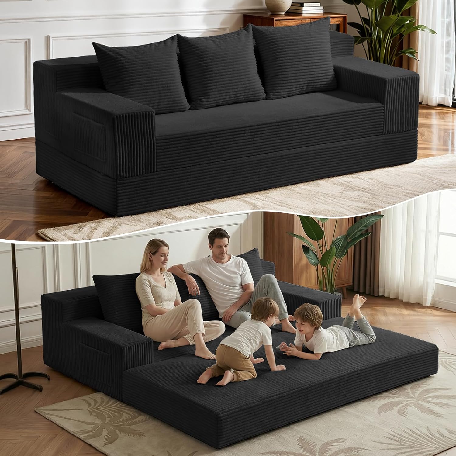 2 in 1 Convertible Boneless Couch Bed, Corduroy futon Sofa Bed, Compression Folding Floor Couch Sofas Bed with 3 Pillows for Bedroom, Small Space Guest and Living Room Sofa (Black, 78 Inches)